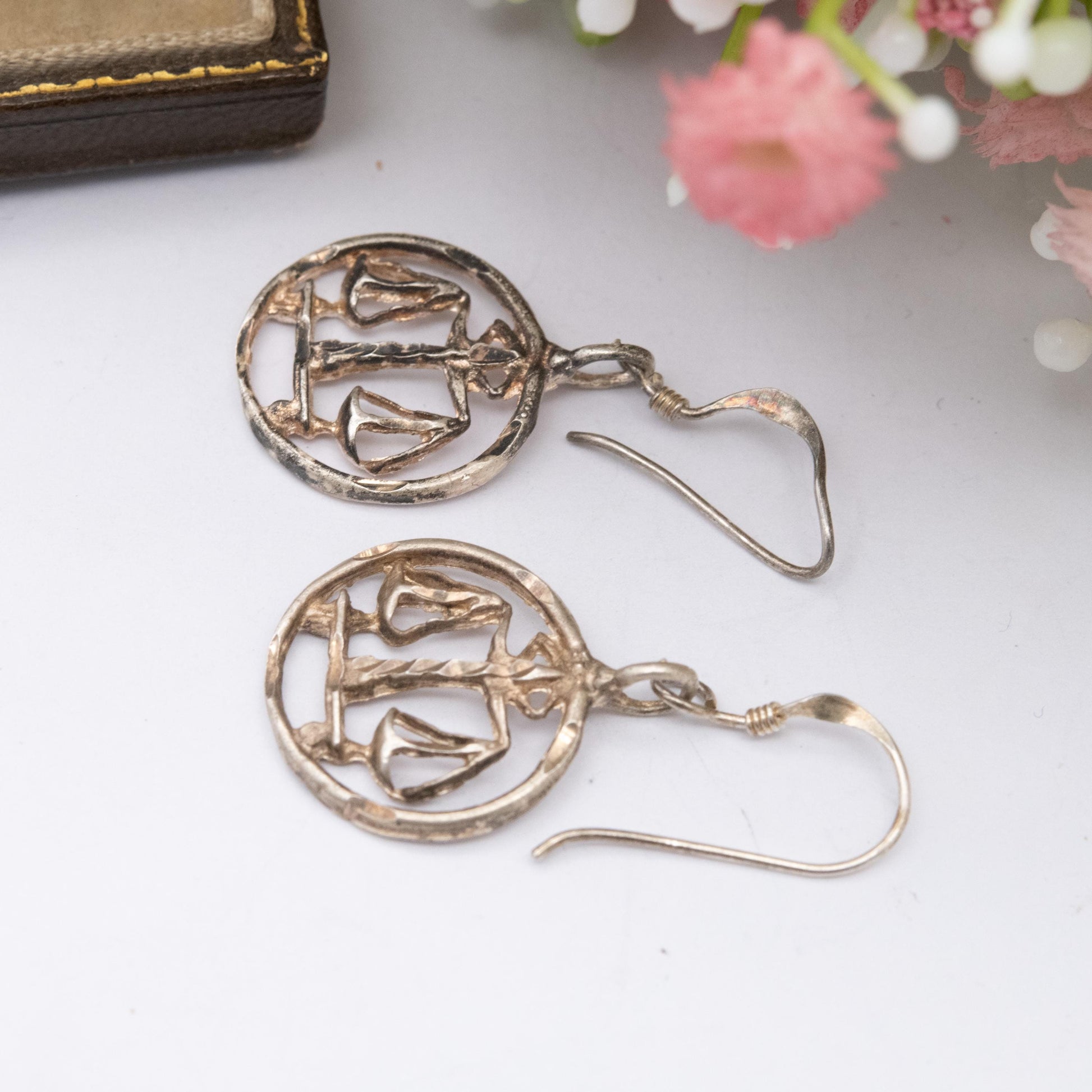 Vintage Sterling Silver Libra Drop Earrings - Circular Openwork Design | September October Birthday Gift for Her