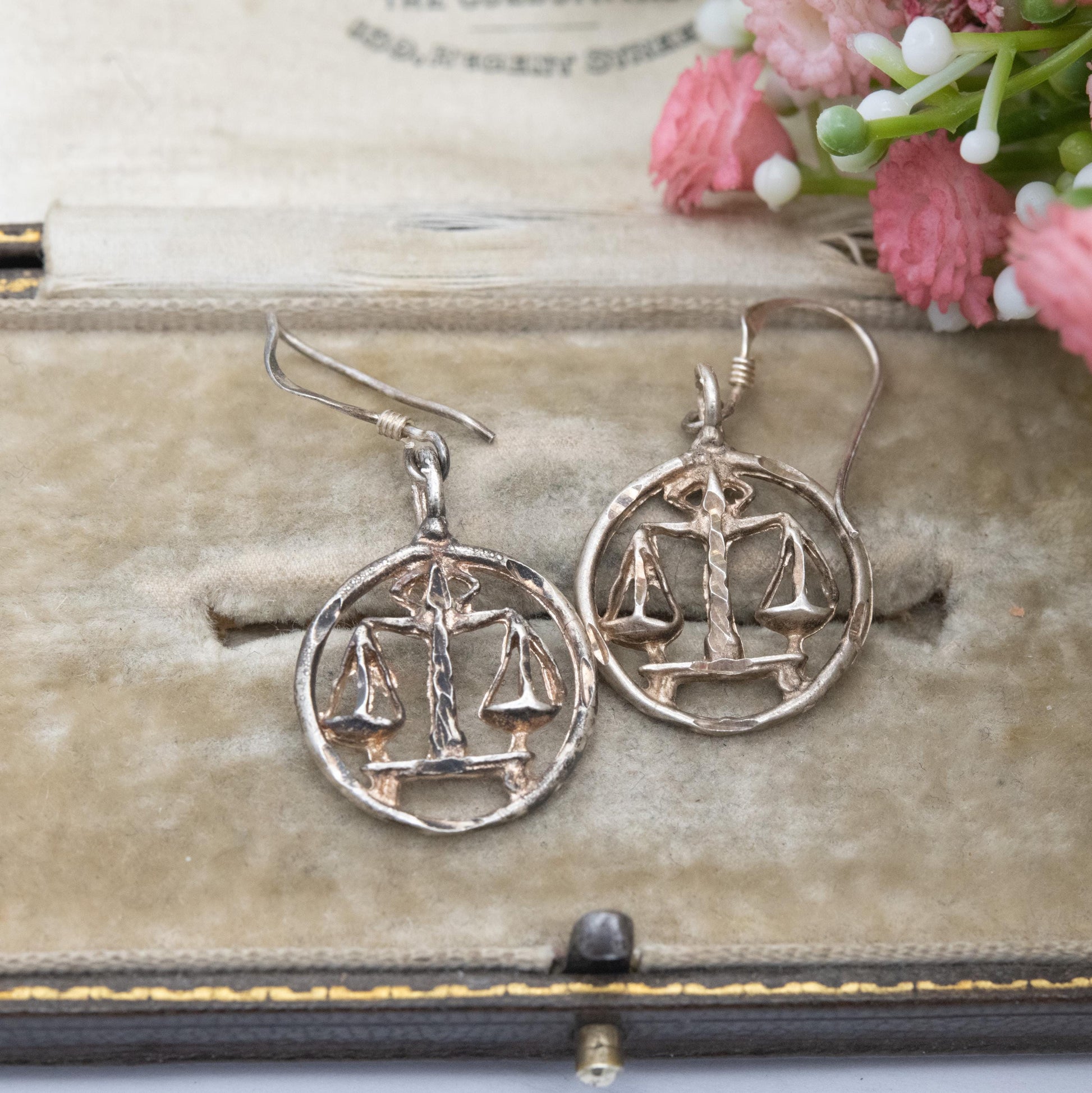 Vintage Sterling Silver Libra Drop Earrings - Circular Openwork Design | September October Birthday Gift for Her