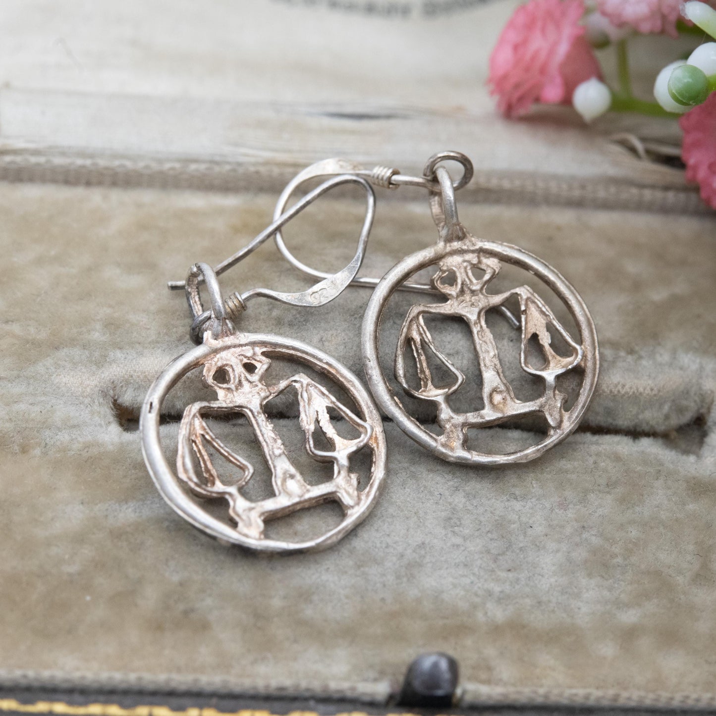 Vintage Sterling Silver Libra Drop Earrings - Circular Openwork Design | September October Birthday Gift for Her