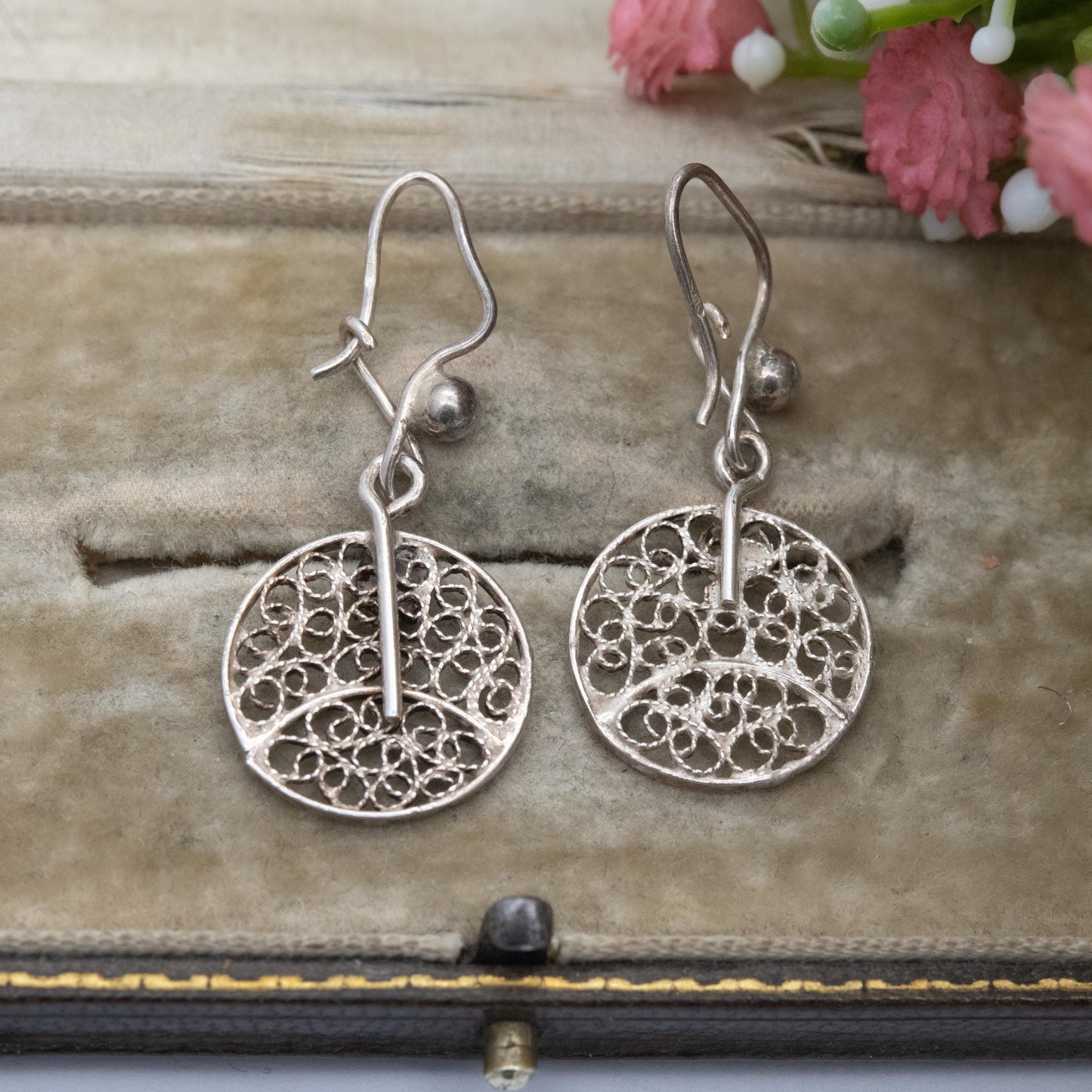 Vintage Sterling Silver Square Filigree Circle Drop Earrings - Ornate Openwork Design | Gift for Her