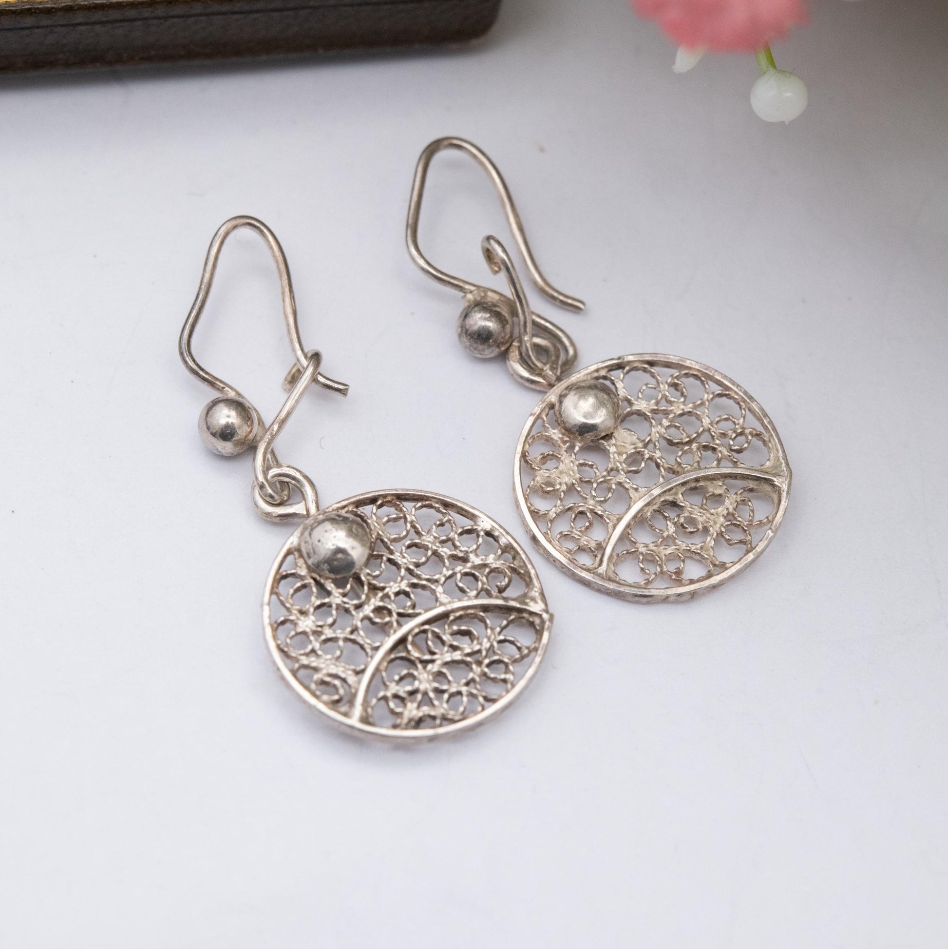 Vintage Sterling Silver Square Filigree Circle Drop Earrings - Ornate Openwork Design | Gift for Her