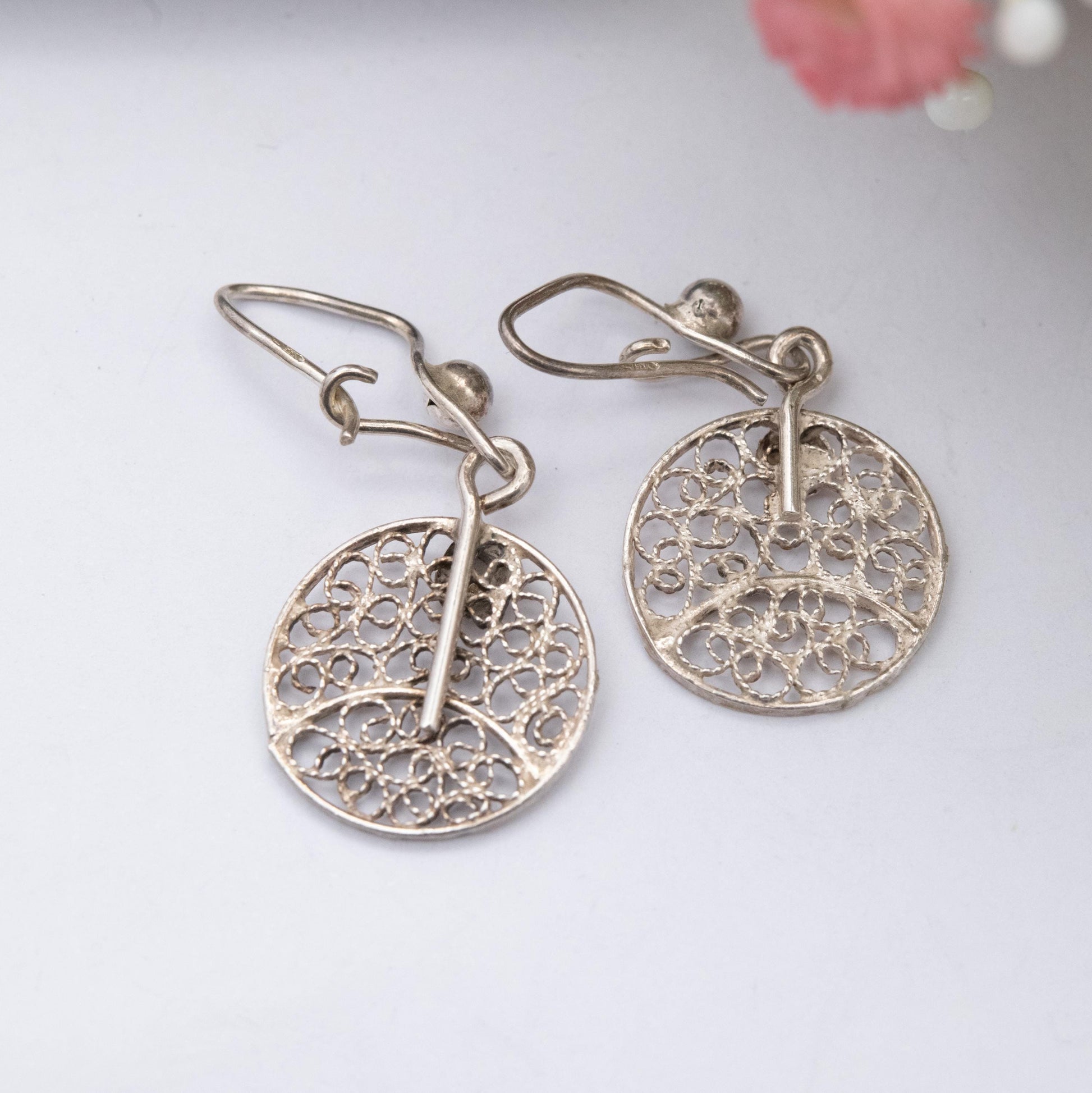 Vintage Sterling Silver Square Filigree Circle Drop Earrings - Ornate Openwork Design | Gift for Her