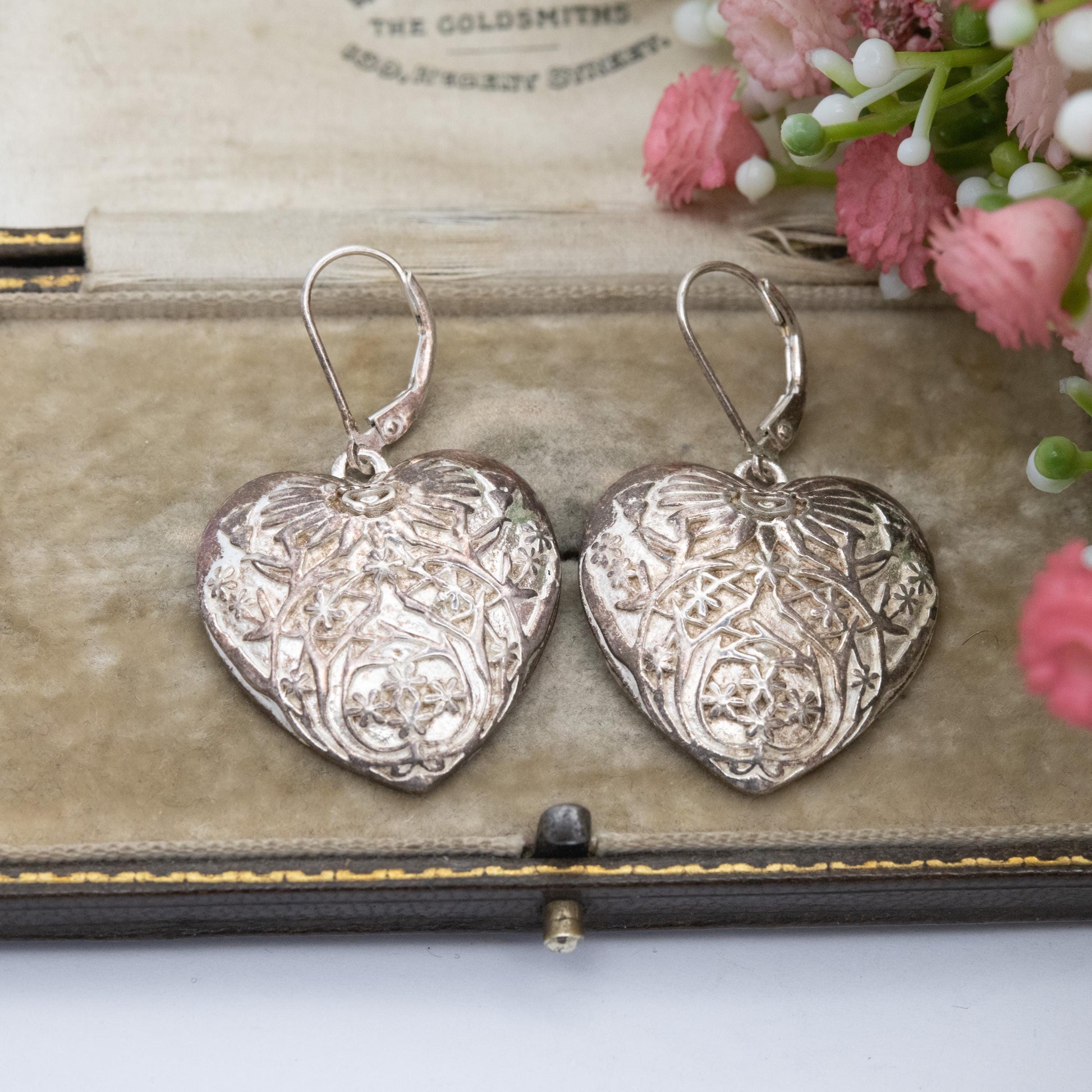 Vintage Sterling Silver Floral Love Heart Drop Earrings - Raised Flower Design | Gift for Her