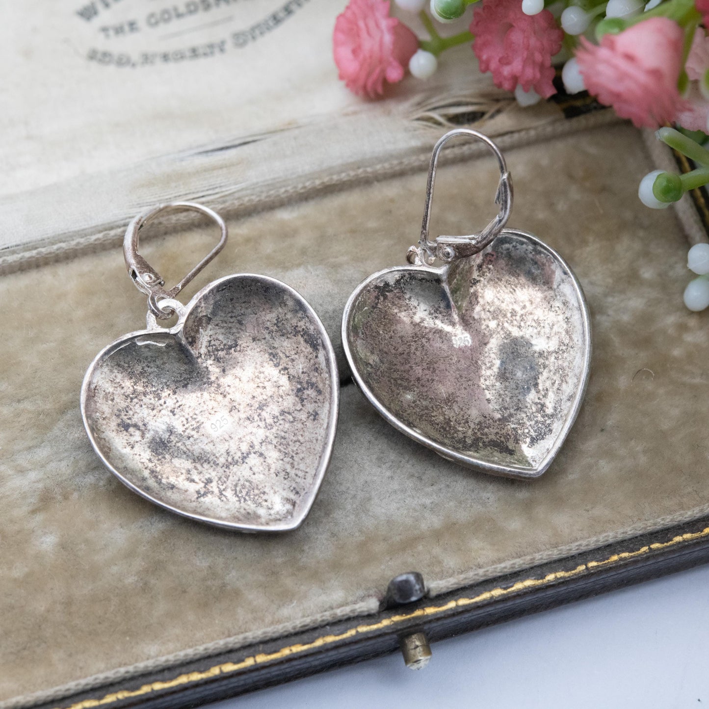 Vintage Sterling Silver Floral Love Heart Drop Earrings - Raised Flower Design | Gift for Her