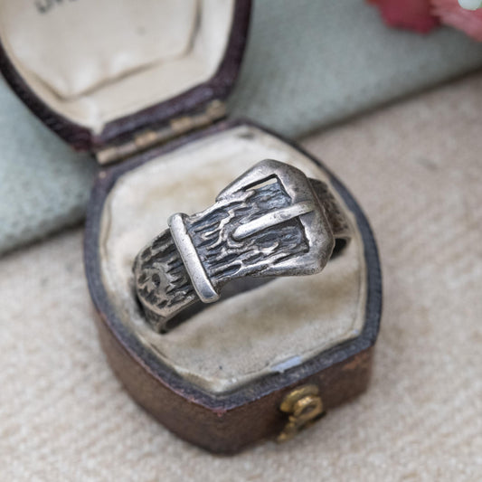 Vintage Sterling Silver Buckle Ring - Mid-Century Textured Unisex Large Belt Ring Chunky Pattern | UK Size - V | US Size - 10 1/2