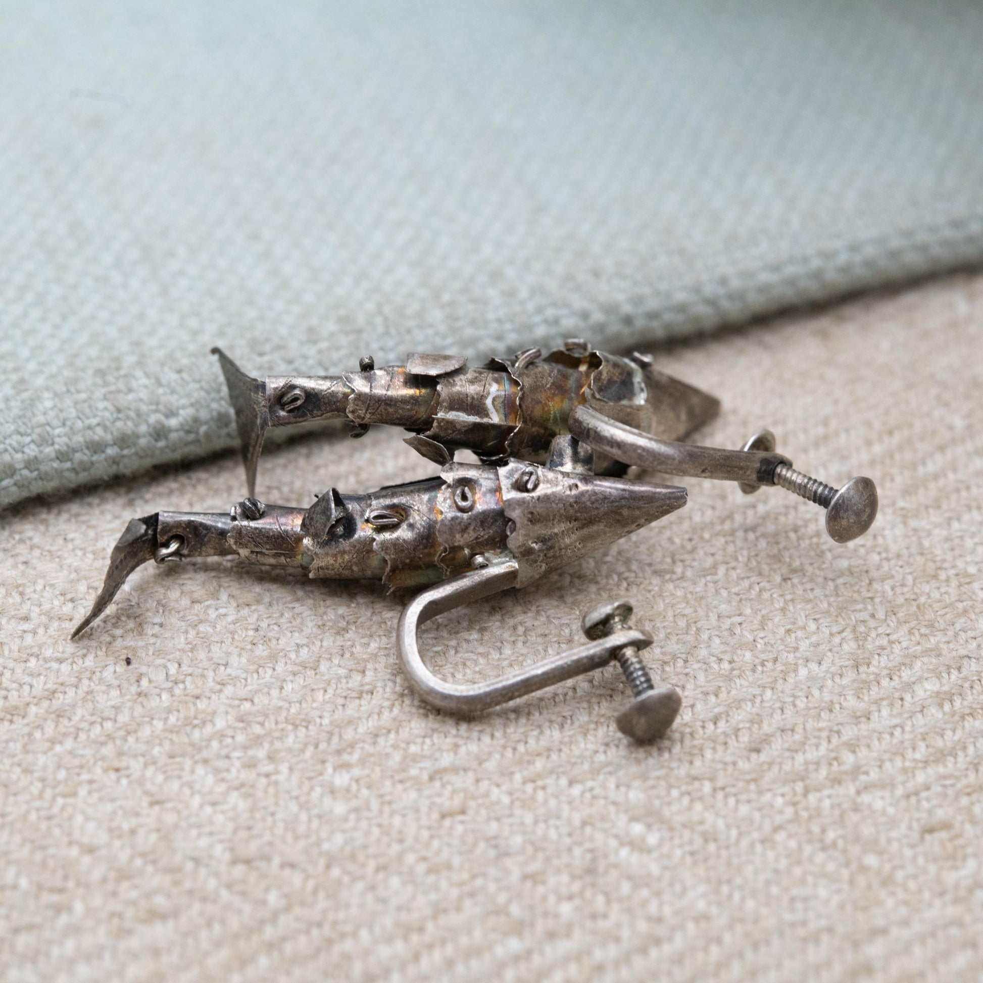 Vintage Silver Articulated Fish Drop Scre Back Earrings - Steampunk Fish Jewellery | Gift for Her