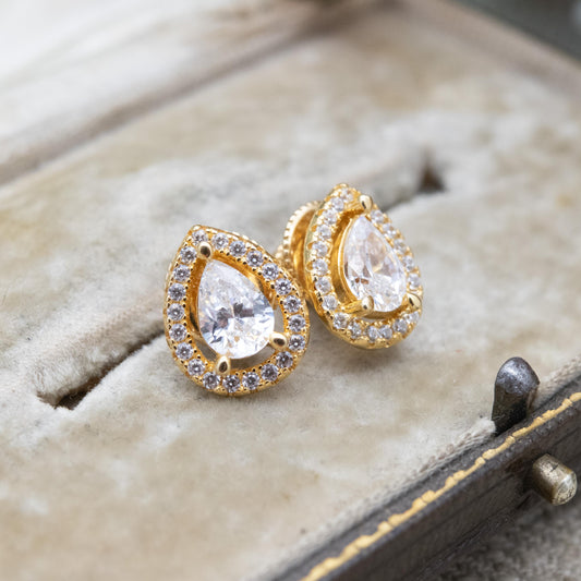 Gold Plated Sterling Silver Clear Stone Tear Drop Stud Earrings - Large Sparkly Pear Cut Solitaire Stone Studs | Gift for Her