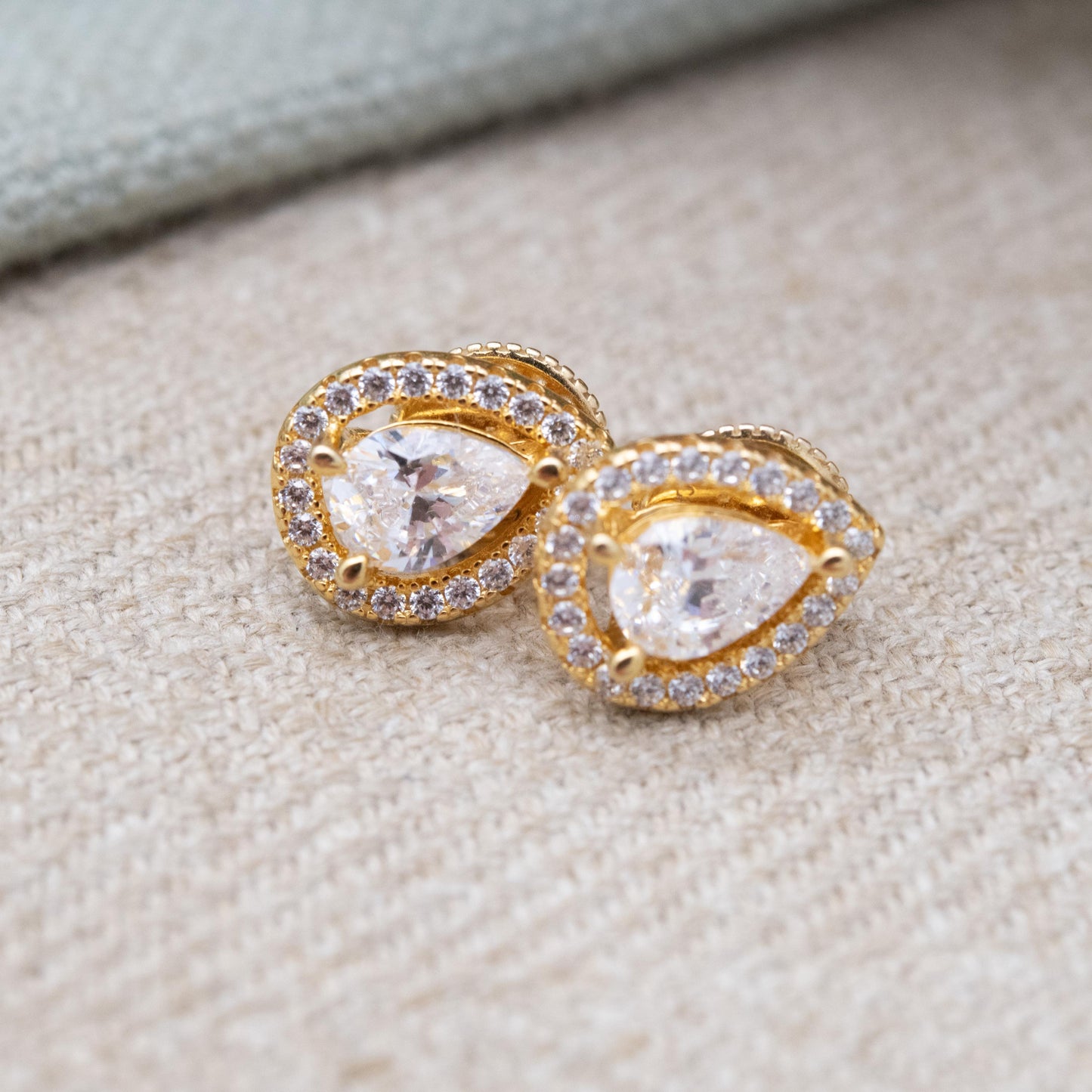 Gold Plated Sterling Silver Clear Stone Tear Drop Stud Earrings - Large Sparkly Pear Cut Solitaire Stone Studs | Gift for Her