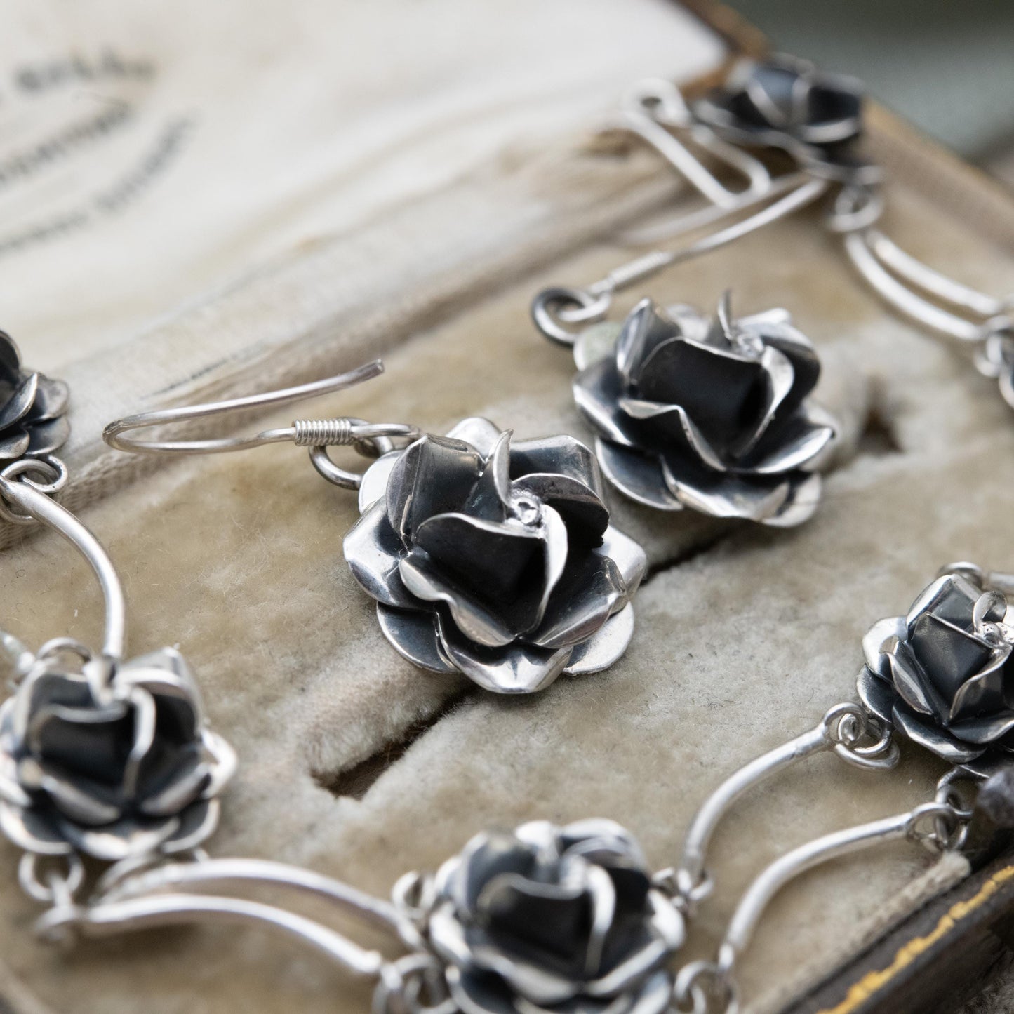 Vintage Mexican Sterling Silver Rose Panel Bracelet and Earring Set c. 1980s