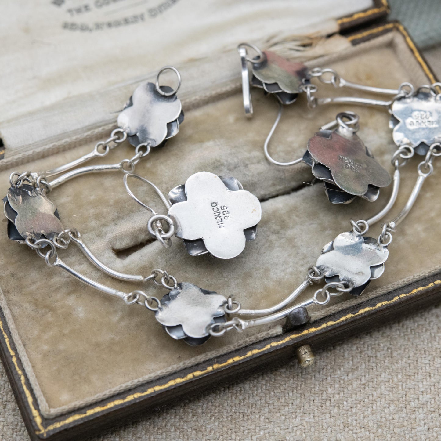 Vintage Mexican Sterling Silver Rose Panel Bracelet and Earring Set c. 1980s