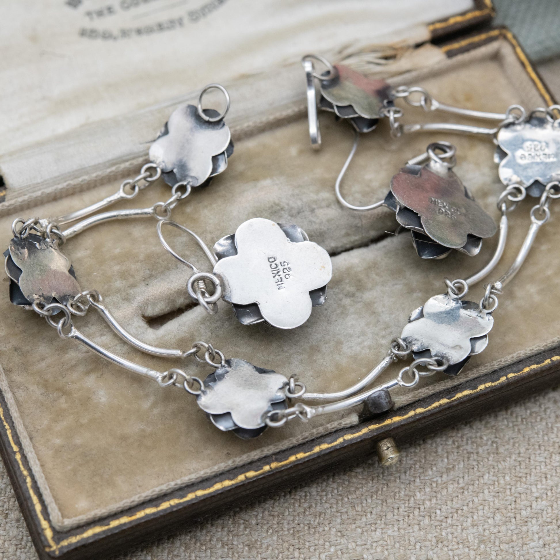 Vintage Mexican Sterling Silver Rose Panel Bracelet and Earring Set c. 1980s
