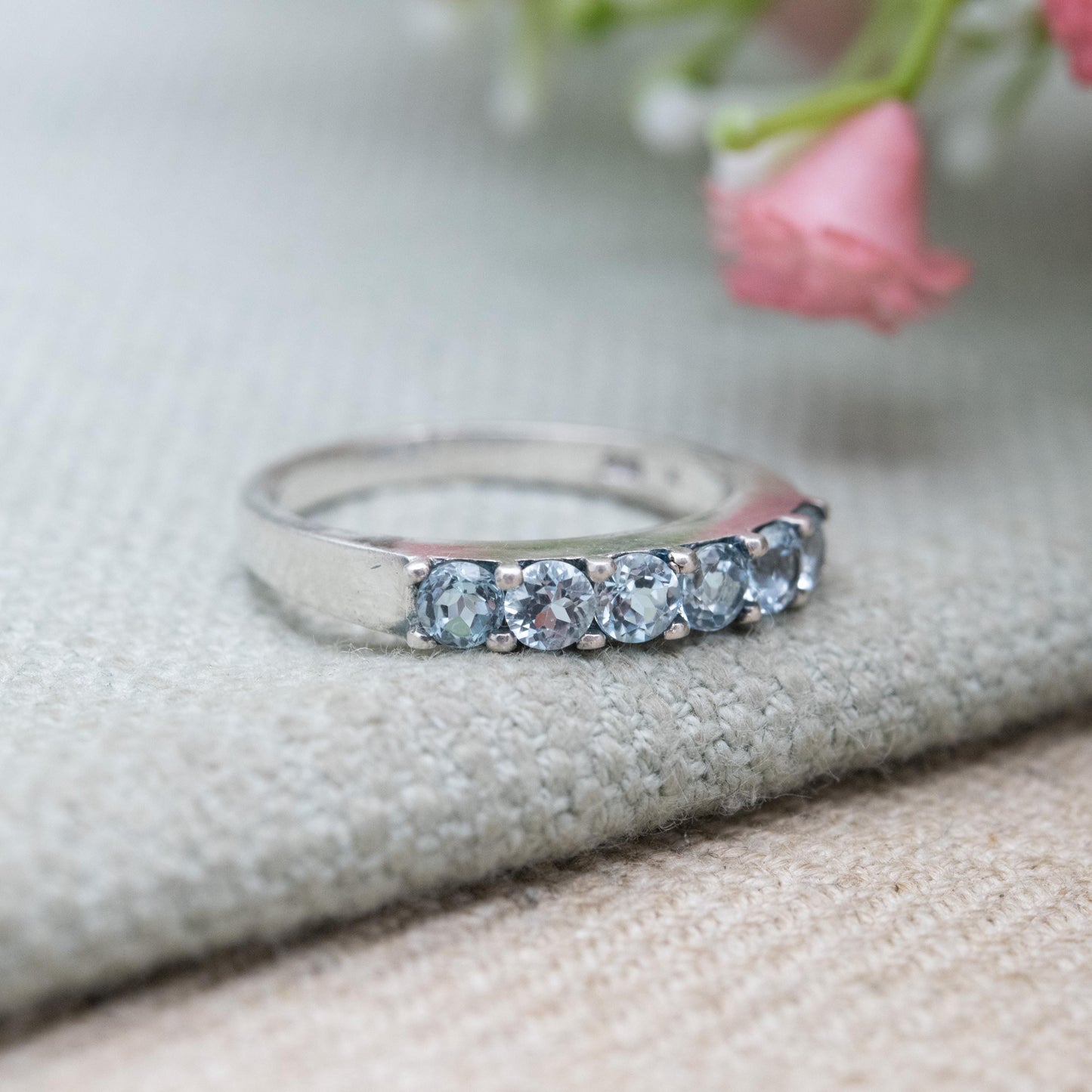 Thai Sterling Silver Blue Stone Five Stone Ring - Placeholder Stacking Band | UK Size - N | US Size - 6 3/4