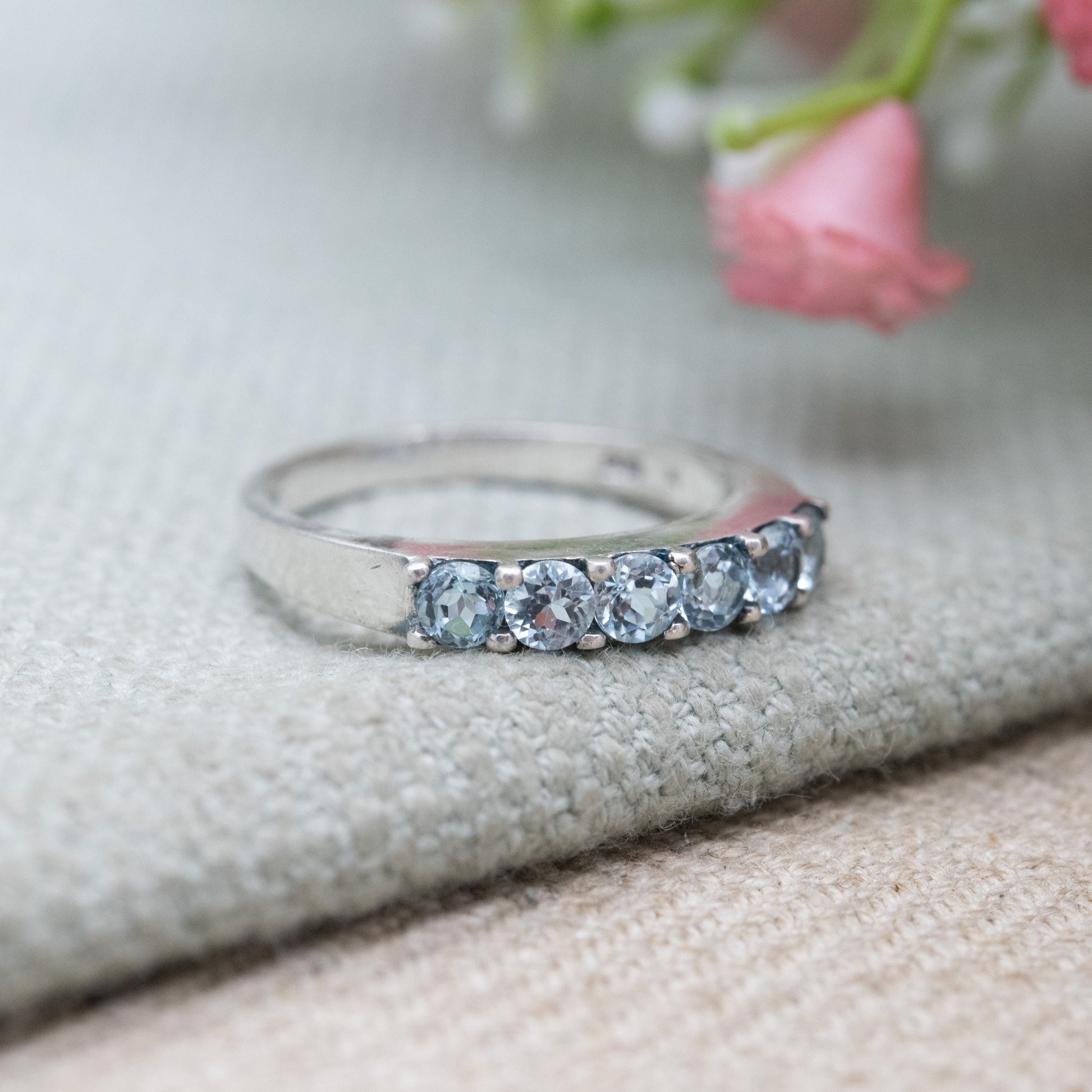 Thai Sterling Silver Blue Stone Five Stone Ring - Placeholder Stacking Band | UK Size - N | US Size - 6 3/4