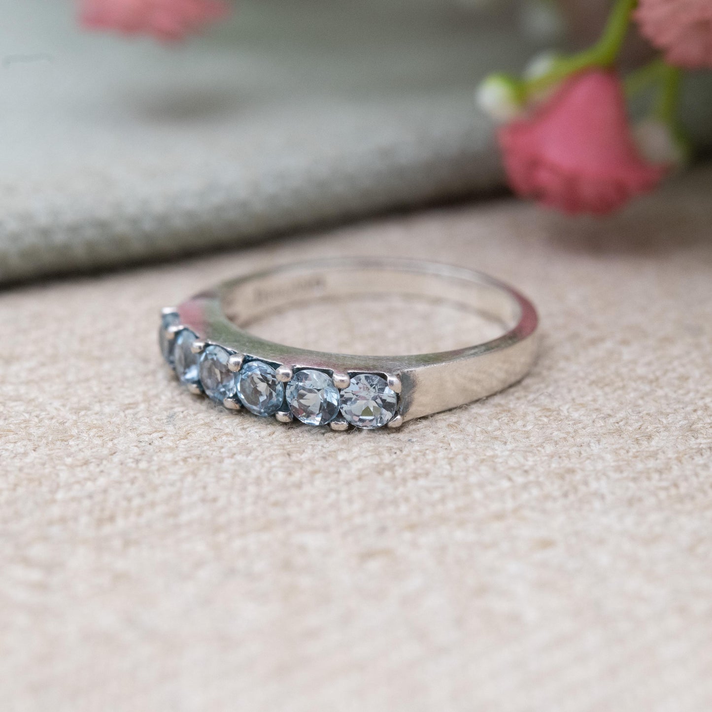 Thai Sterling Silver Blue Stone Five Stone Ring - Placeholder Stacking Band | UK Size - N | US Size - 6 3/4