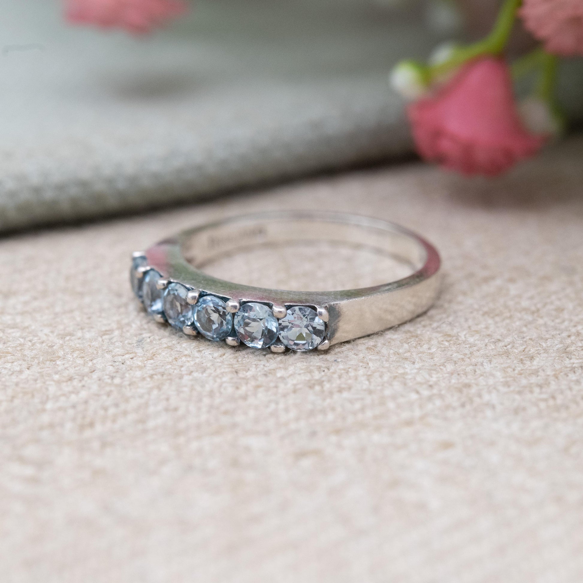 Thai Sterling Silver Blue Stone Five Stone Ring - Placeholder Stacking Band | UK Size - N | US Size - 6 3/4