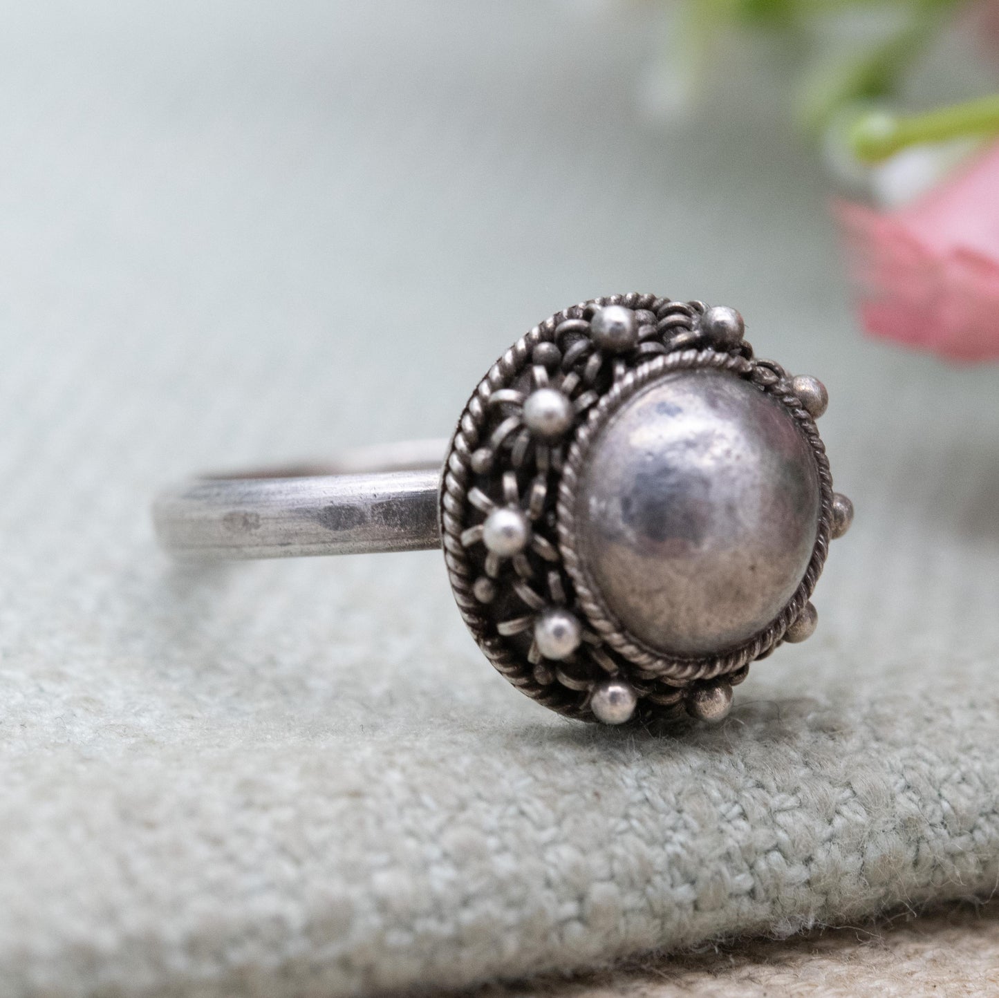 Vintage Sterling Silver Ball Ring - Rope Twist and Granulated Design | UK Size - N | US Size - 6 3/4