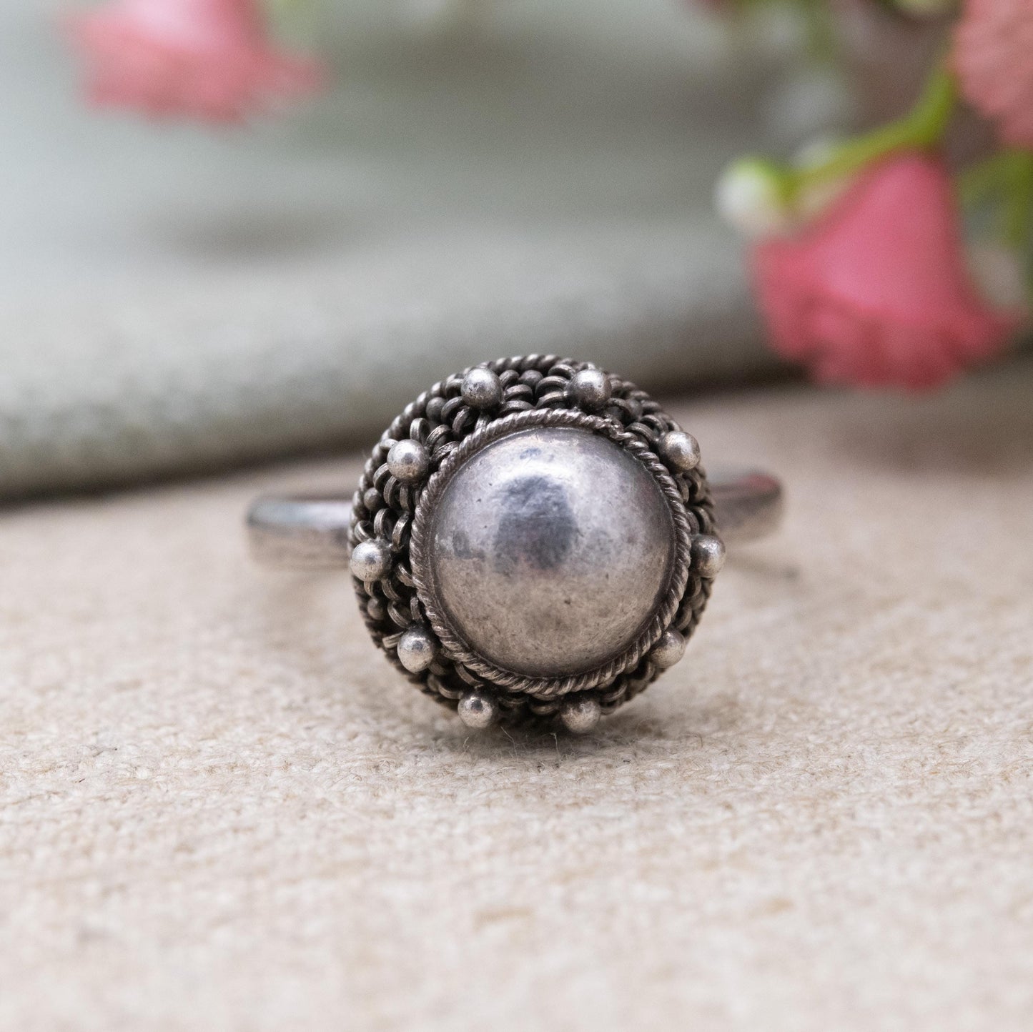 Vintage Sterling Silver Ball Ring - Rope Twist and Granulated Design | UK Size - N | US Size - 6 3/4