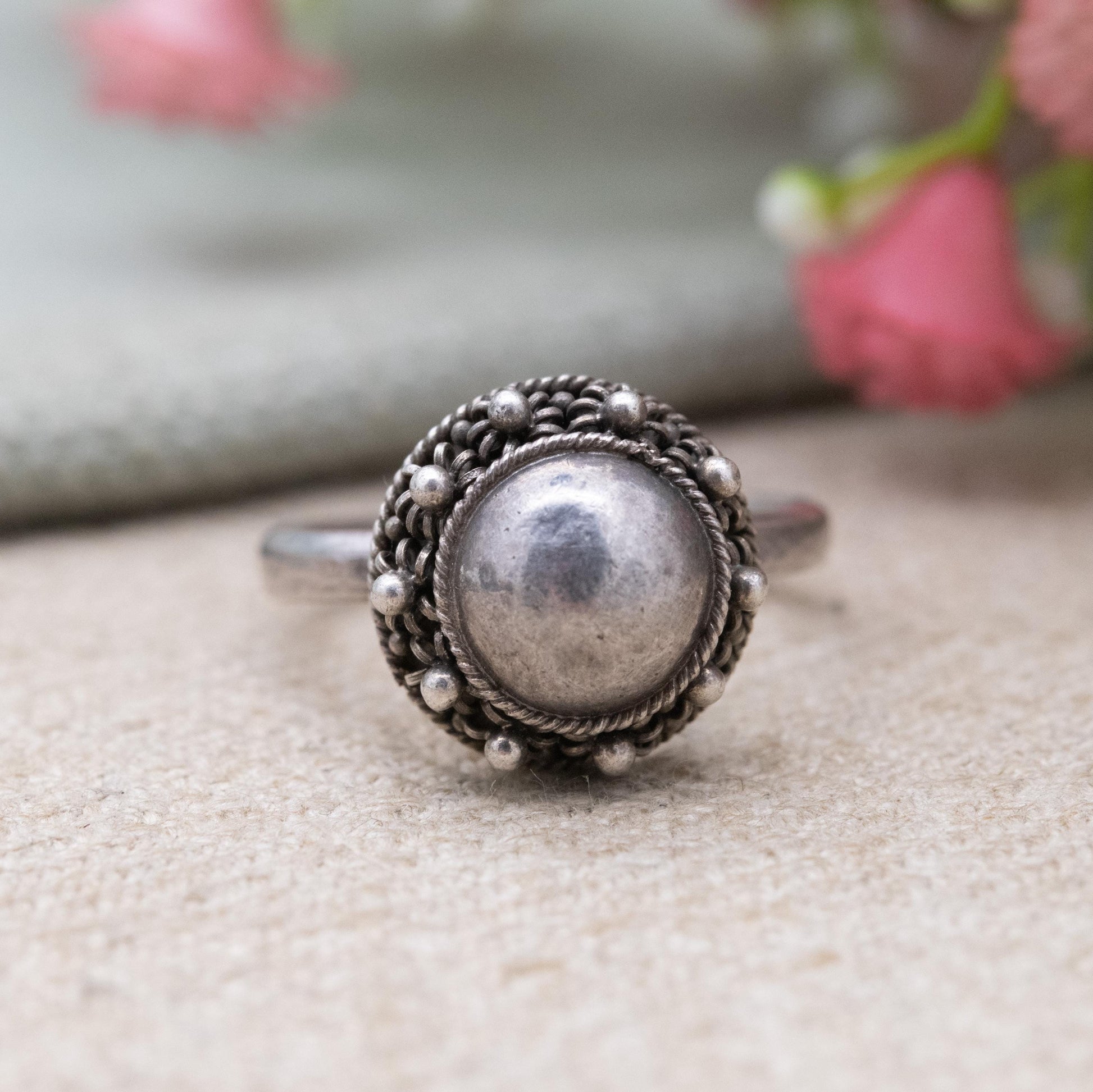 Vintage Sterling Silver Ball Ring - Rope Twist and Granulated Design | UK Size - N | US Size - 6 3/4