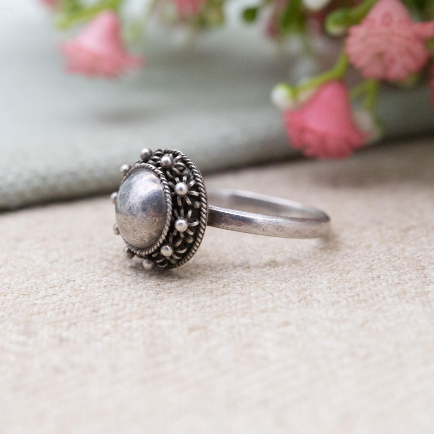 Vintage Sterling Silver Ball Ring - Rope Twist and Granulated Design | UK Size - N | US Size - 6 3/4