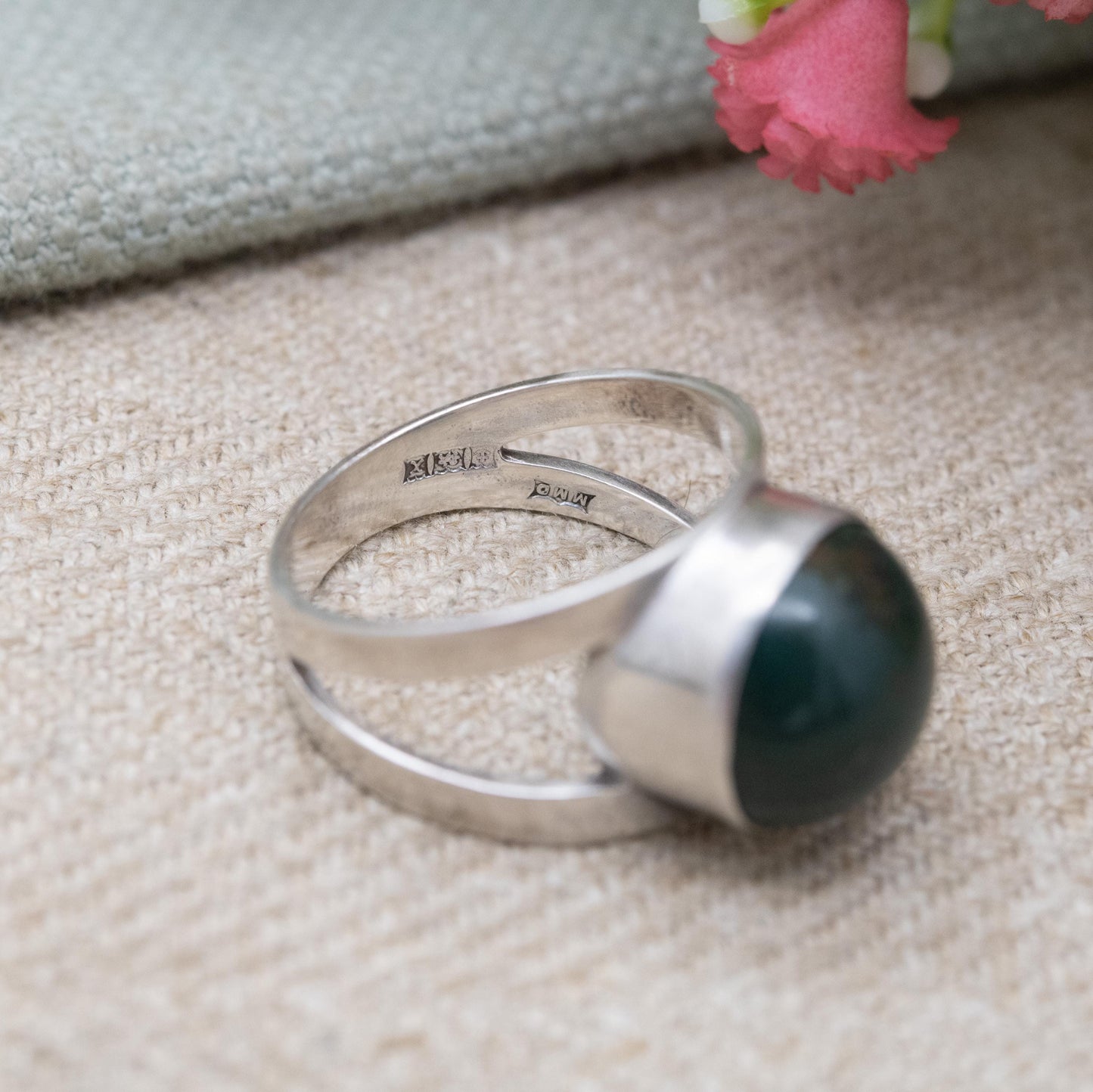 Vintage Silver Blood Stone Statement Ring 1972 - Chunky Cabochon Solitaire | UK Size - O | US Size - 7 1/4