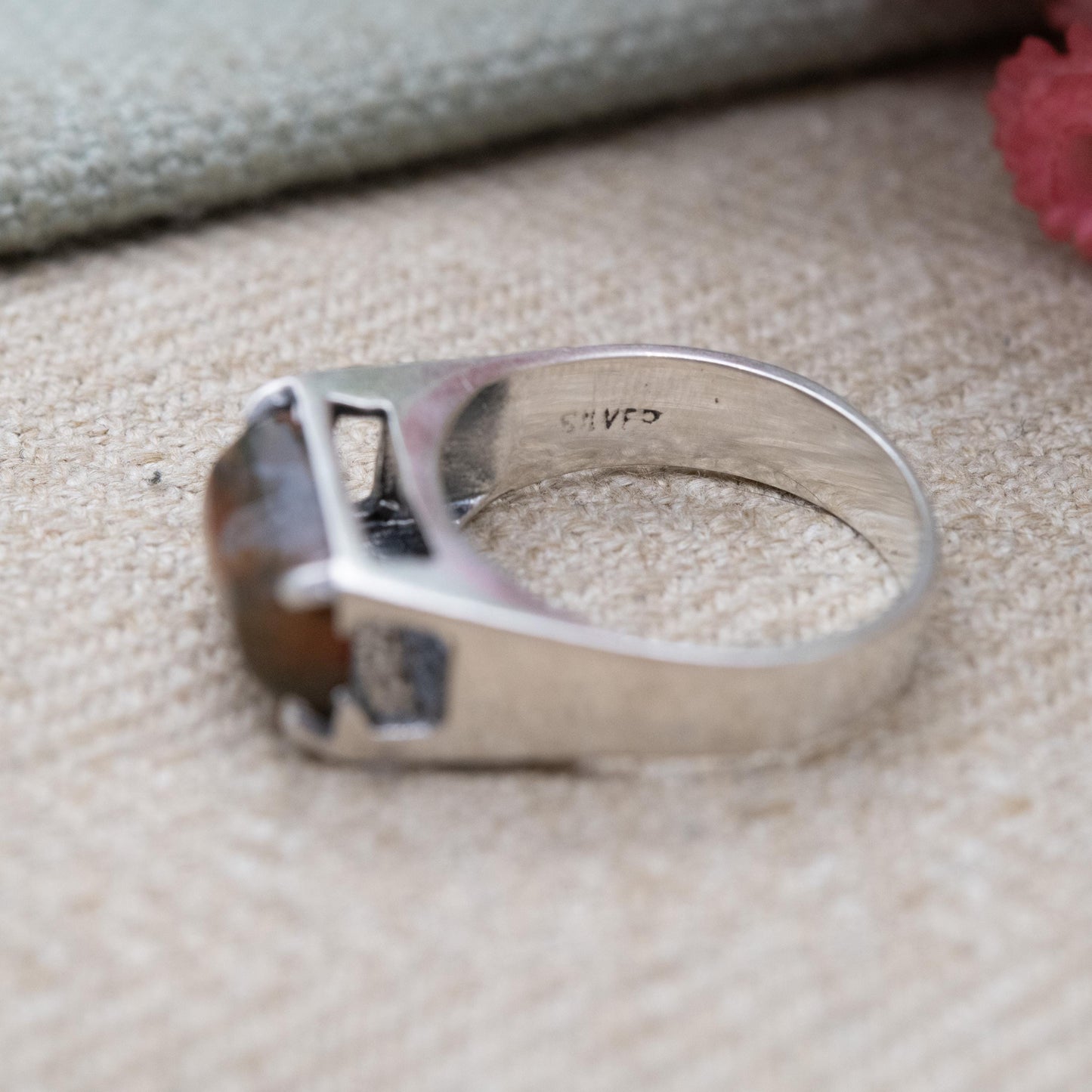 Vintage Sterling Silver Red Moss Agate Ring - Statement Mid-Century Gemstone | UK Size - N | US Size - 6 1/4