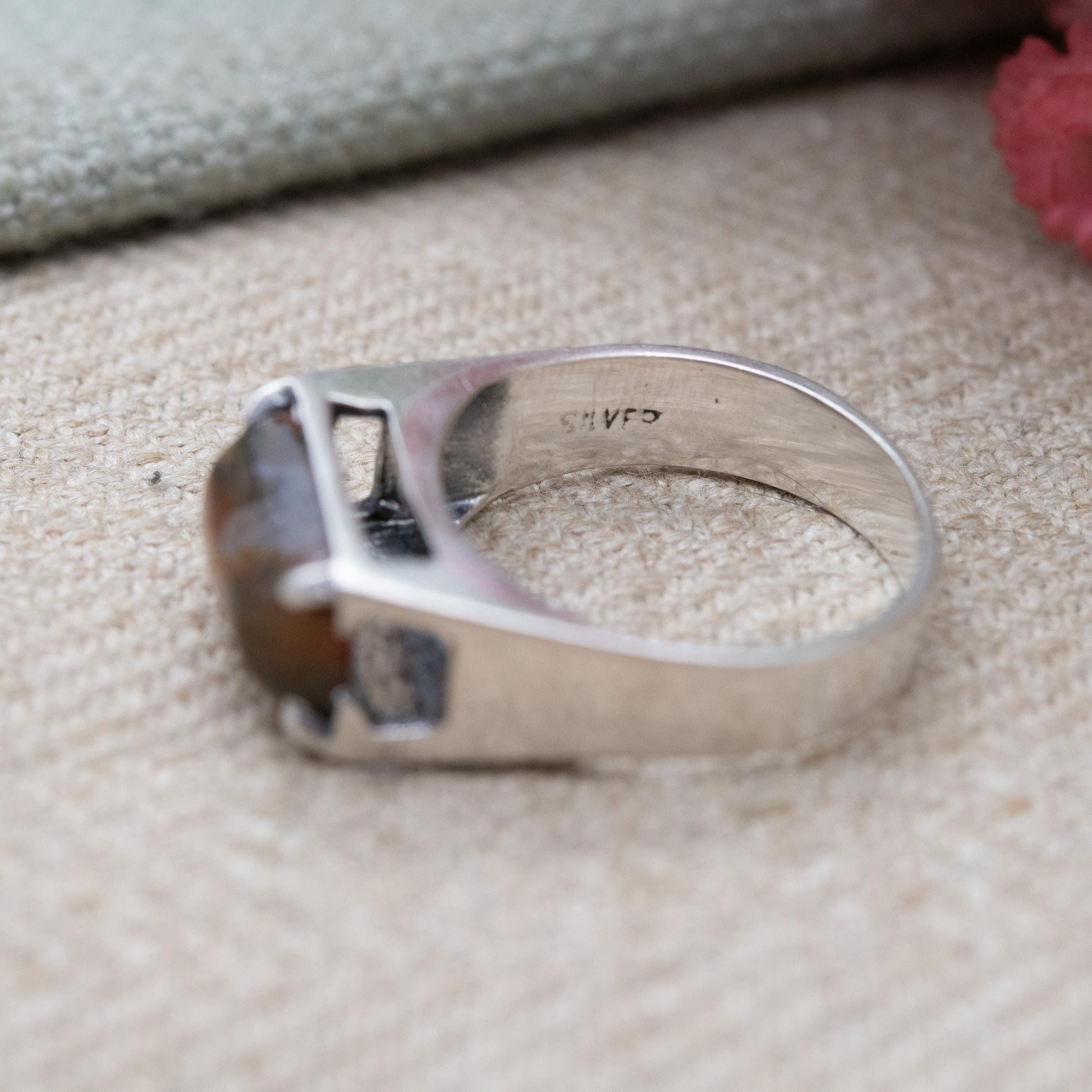 Vintage Sterling Silver Red Moss Agate Ring - Statement Mid-Century Gemstone | UK Size - N | US Size - 6 1/4
