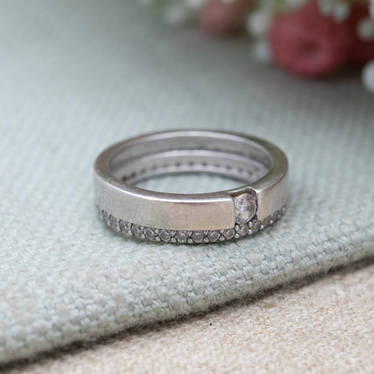 Vintage Sterling Silver and CZ Eternity Band Ring - Sparkly Clear Stones | Flush Pavé Band | UK Size - N 1/2 | US Size - 7 1/2