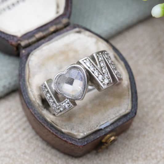 Vintage Sterling Silver Love Word Ring with Clear Stones - Everyday Silver Love Heart Jewellery Gift | UK Size - L | US Size - 5 3/4