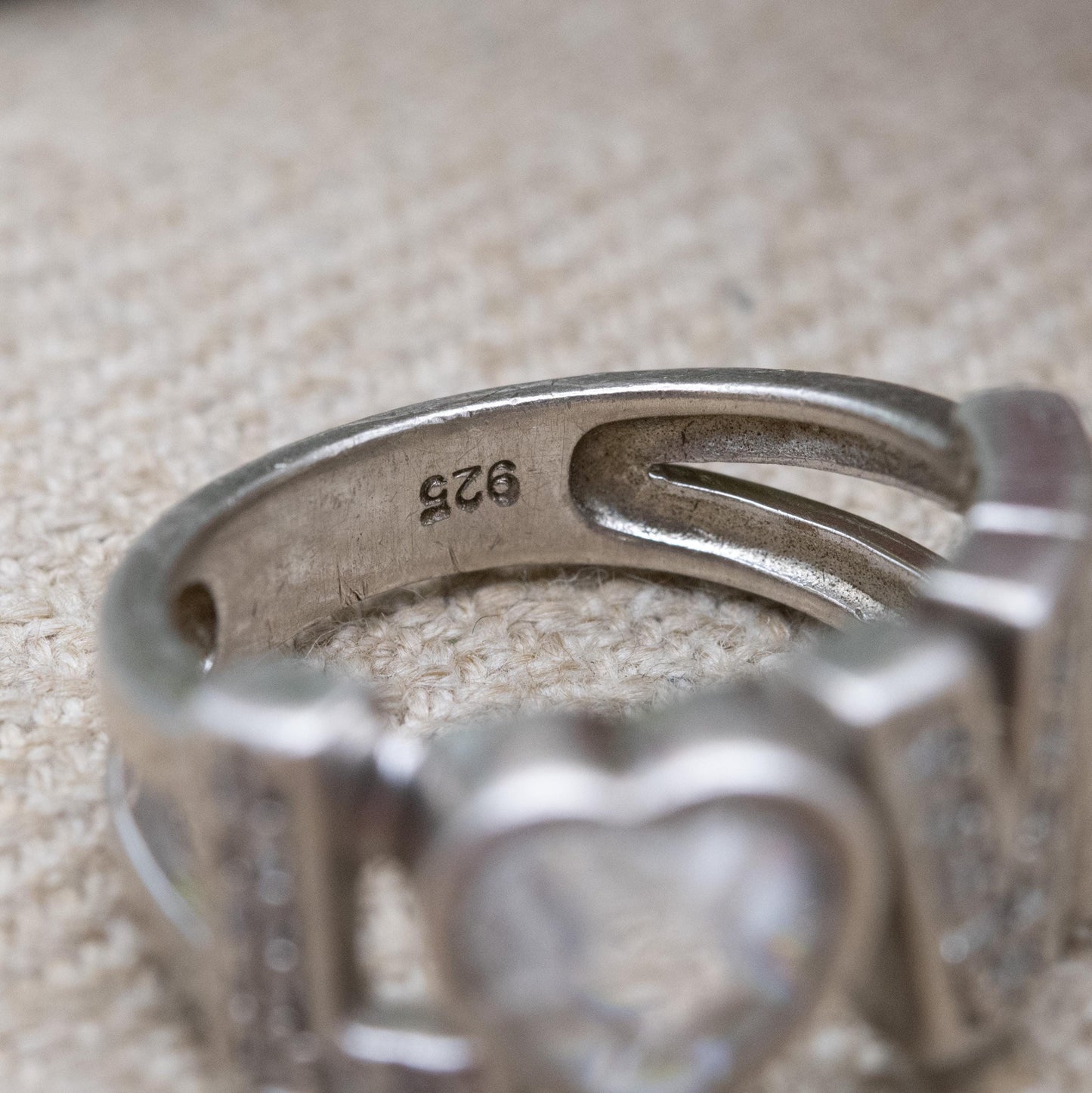 Vintage Sterling Silver Love Word Ring with Clear Stones - Everyday Silver Love Heart Jewellery Gift | UK Size - L | US Size - 5 3/4