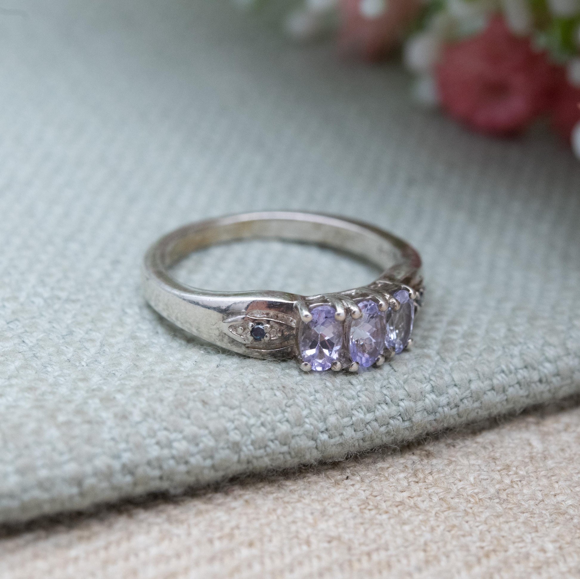 TGGC Sterling Silver 3 Stone Ring with Blue Side Stones - Amethyst Gemstone | Romantic Gift for Her | UK Size - N | US Size - 6 3/4