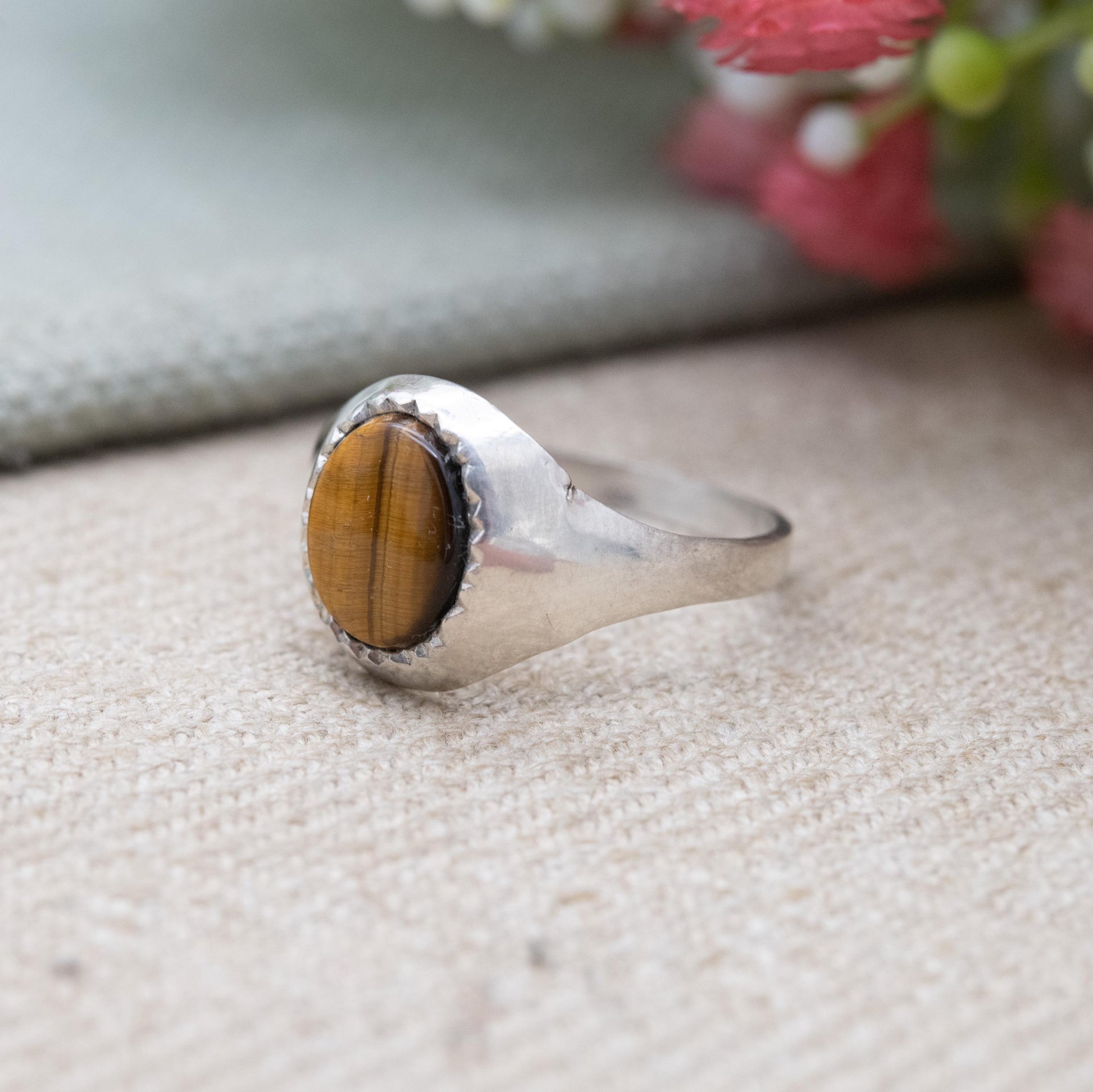 Vintage Sterling Silver Tiger's Eye Signet Ring - Mid-Century Modern | Large Men's Signet | UK Size - 9 1/4 | US Size - S