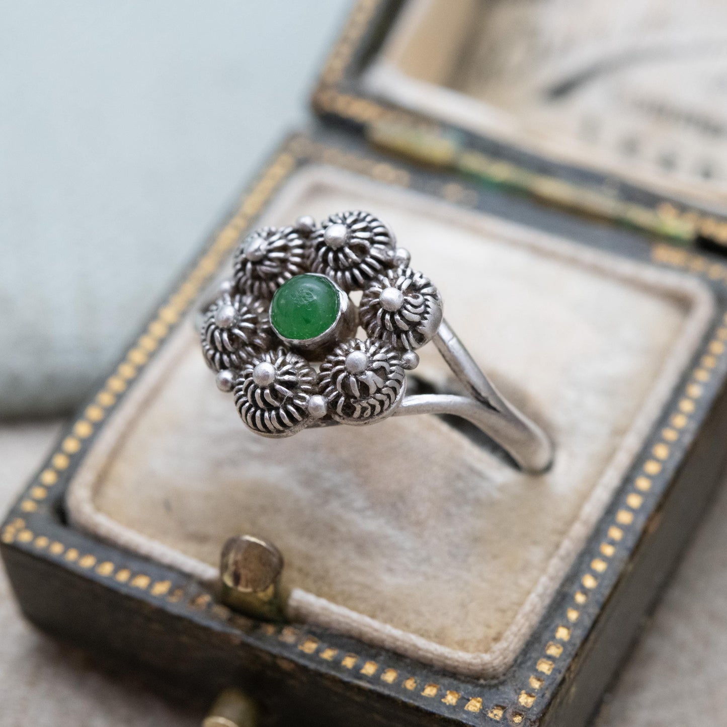 Vintage Silver Cannetille and Green Stone Cluster Ring - Mid-Century Textured Scandi Jewellery | UK Size - O 1/2 | US Size - 7 1/2