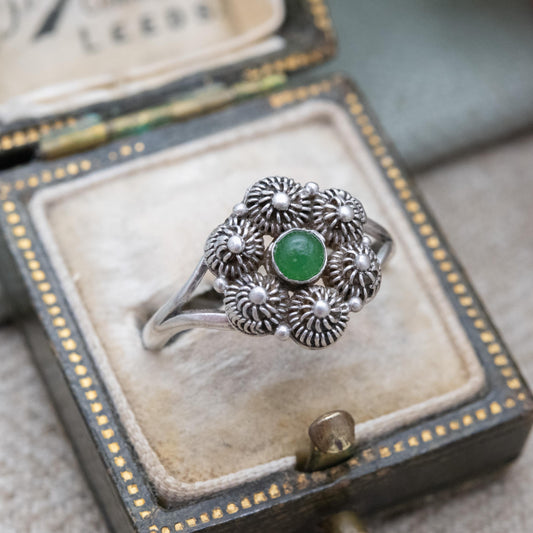 Vintage Silver Cannetille and Green Stone Cluster Ring - Mid-Century Textured Scandi Jewellery | UK Size - O 1/2 | US Size - 7 1/2
