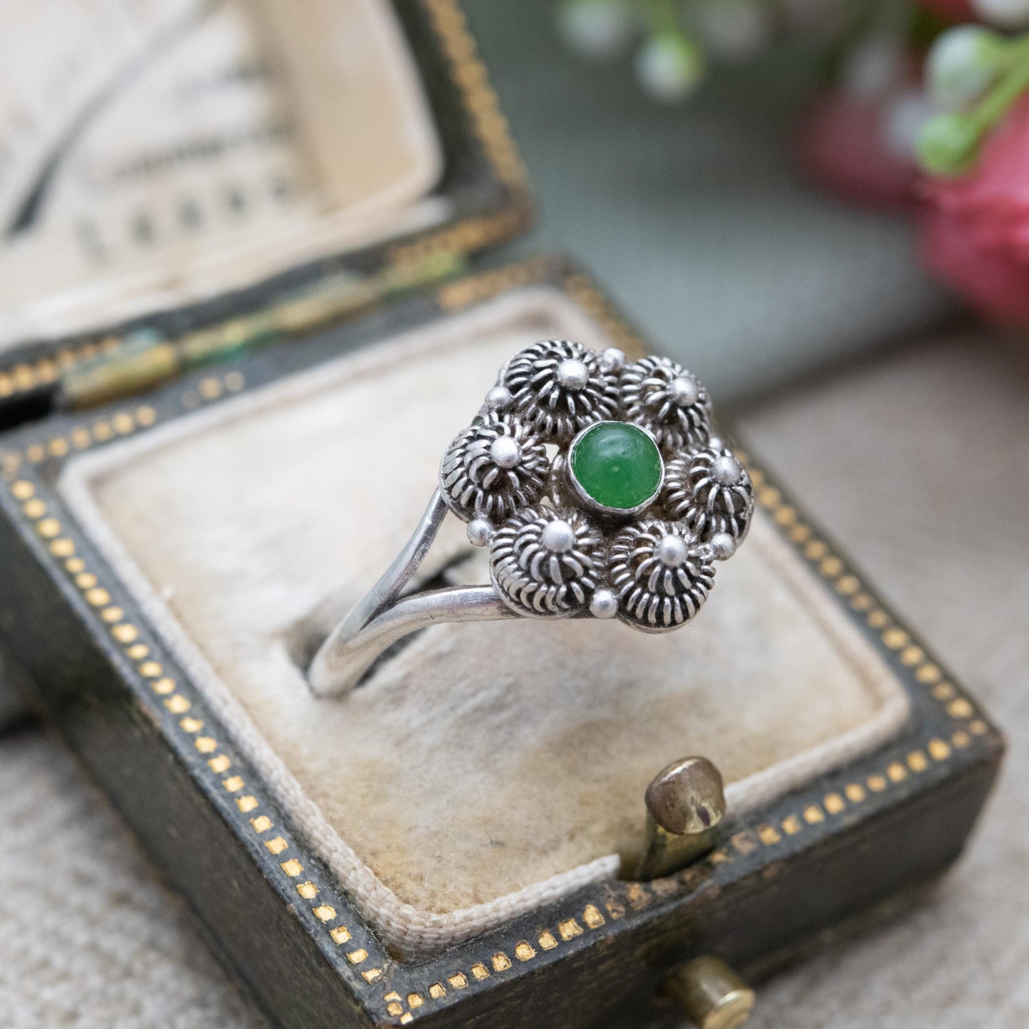 Vintage Silver Cannetille and Green Stone Cluster Ring - Mid-Century Textured Scandi Jewellery | UK Size - O 1/2 | US Size - 7 1/2