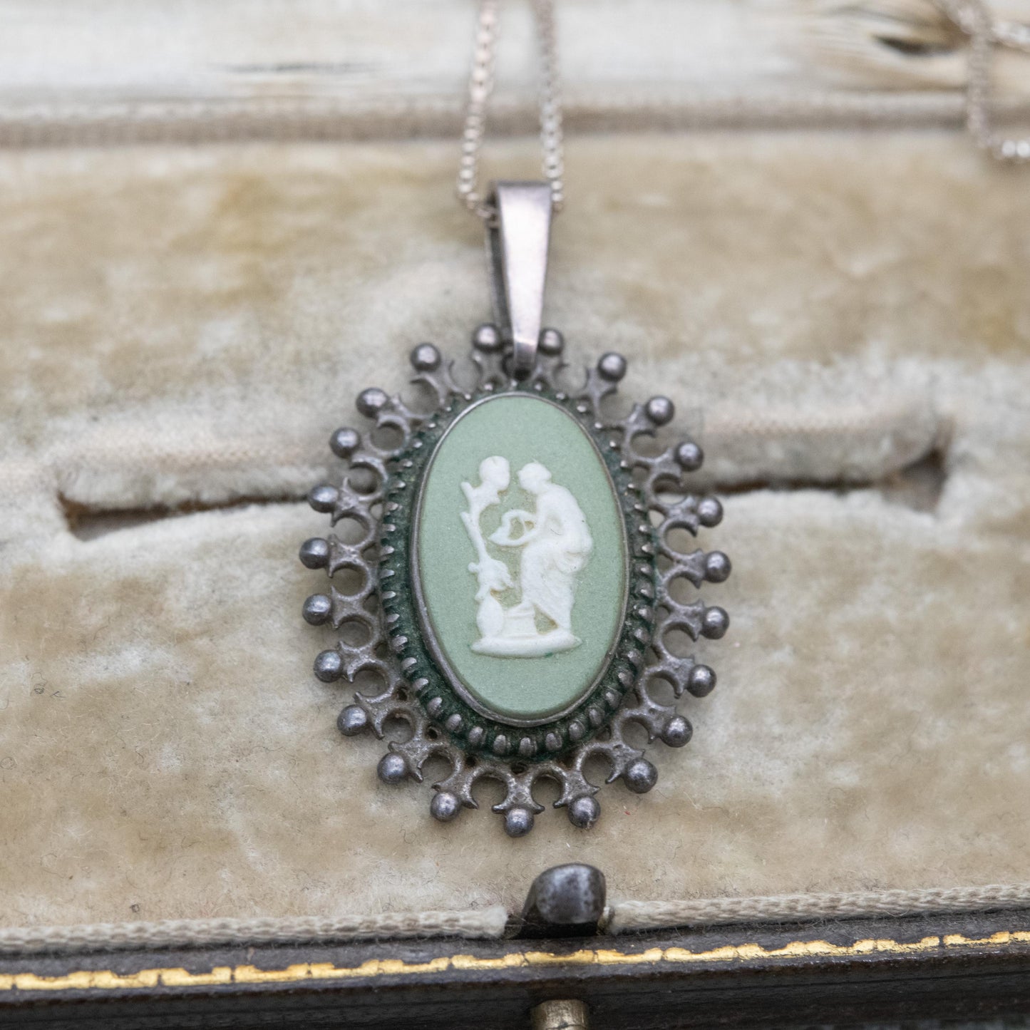 Vintage Wedgwood Sterling Silver Medea Green Jasperware Pendant Necklace - Oval Classical Cameo