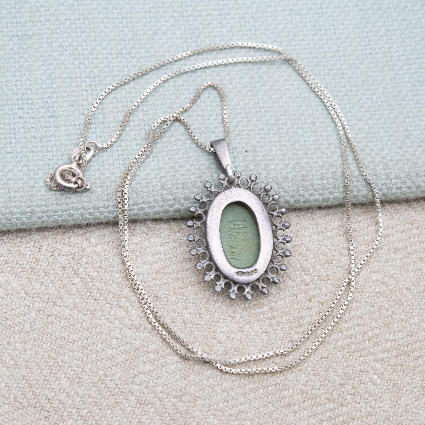 Vintage Wedgwood Sterling Silver Medea Green Jasperware Pendant Necklace - Oval Classical Cameo
