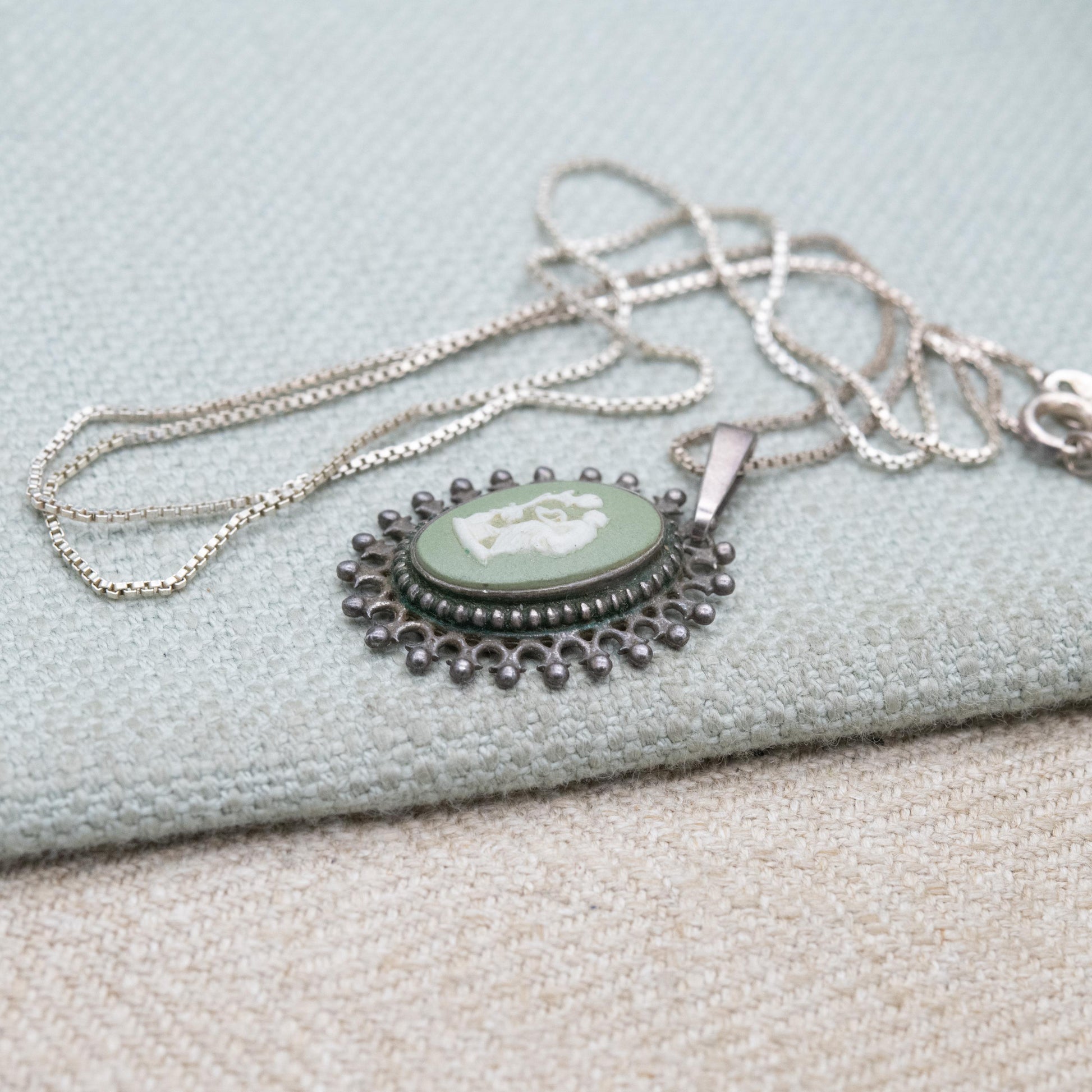 Vintage Wedgwood Sterling Silver Medea Green Jasperware Pendant Necklace - Oval Classical Cameo