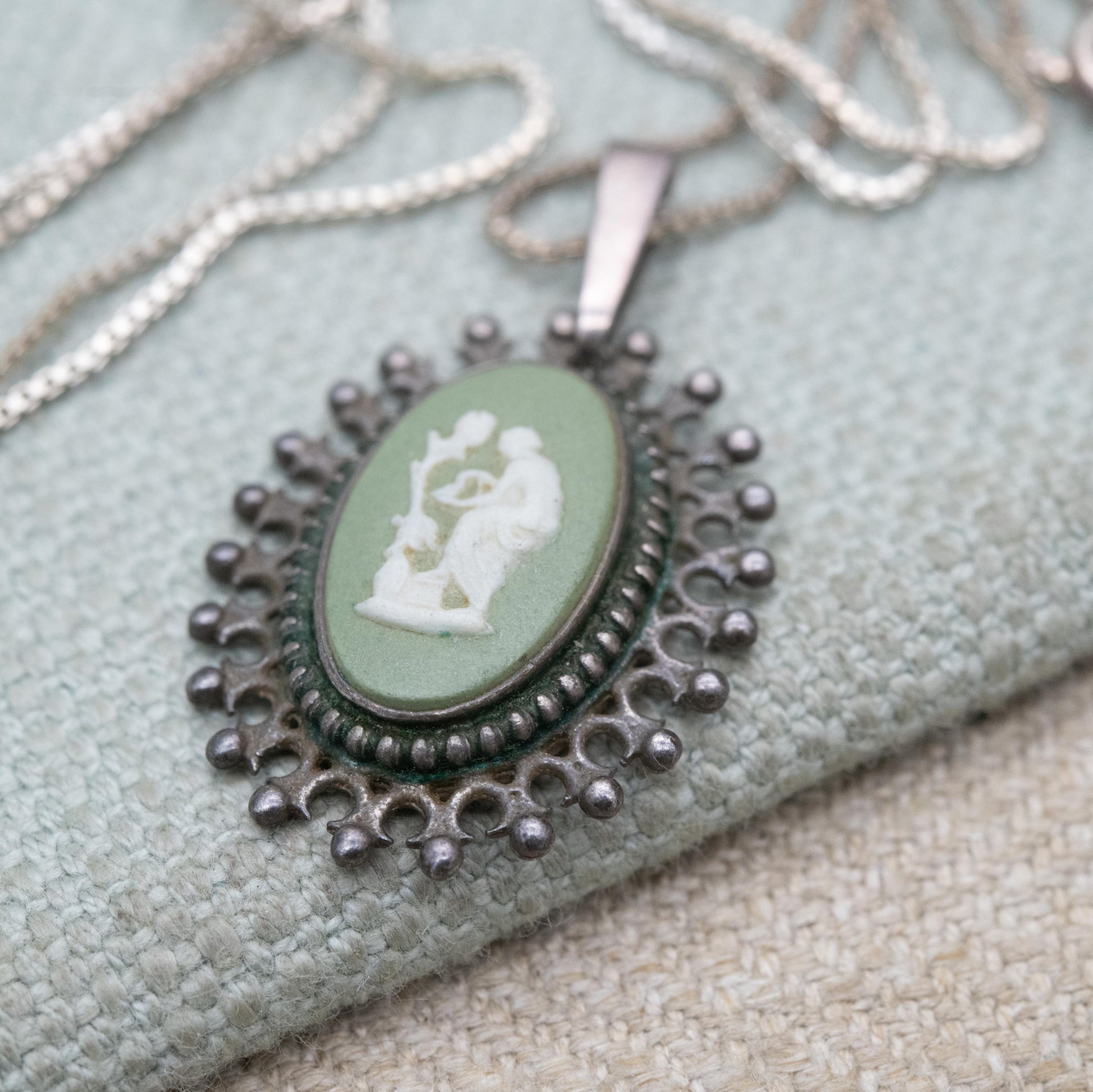 Vintage Wedgwood Sterling Silver Medea Green Jasperware Pendant Necklace - Oval Classical Cameo
