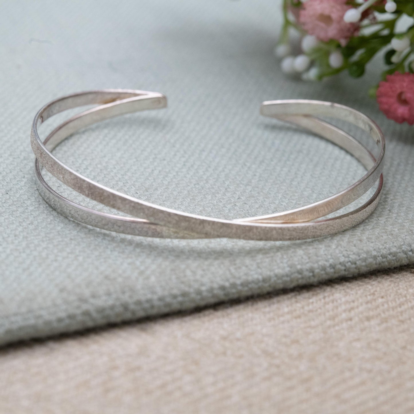 Sterling Silver Open Cuff Bangle - Textured Cross Design | Jewellery Gift for Her