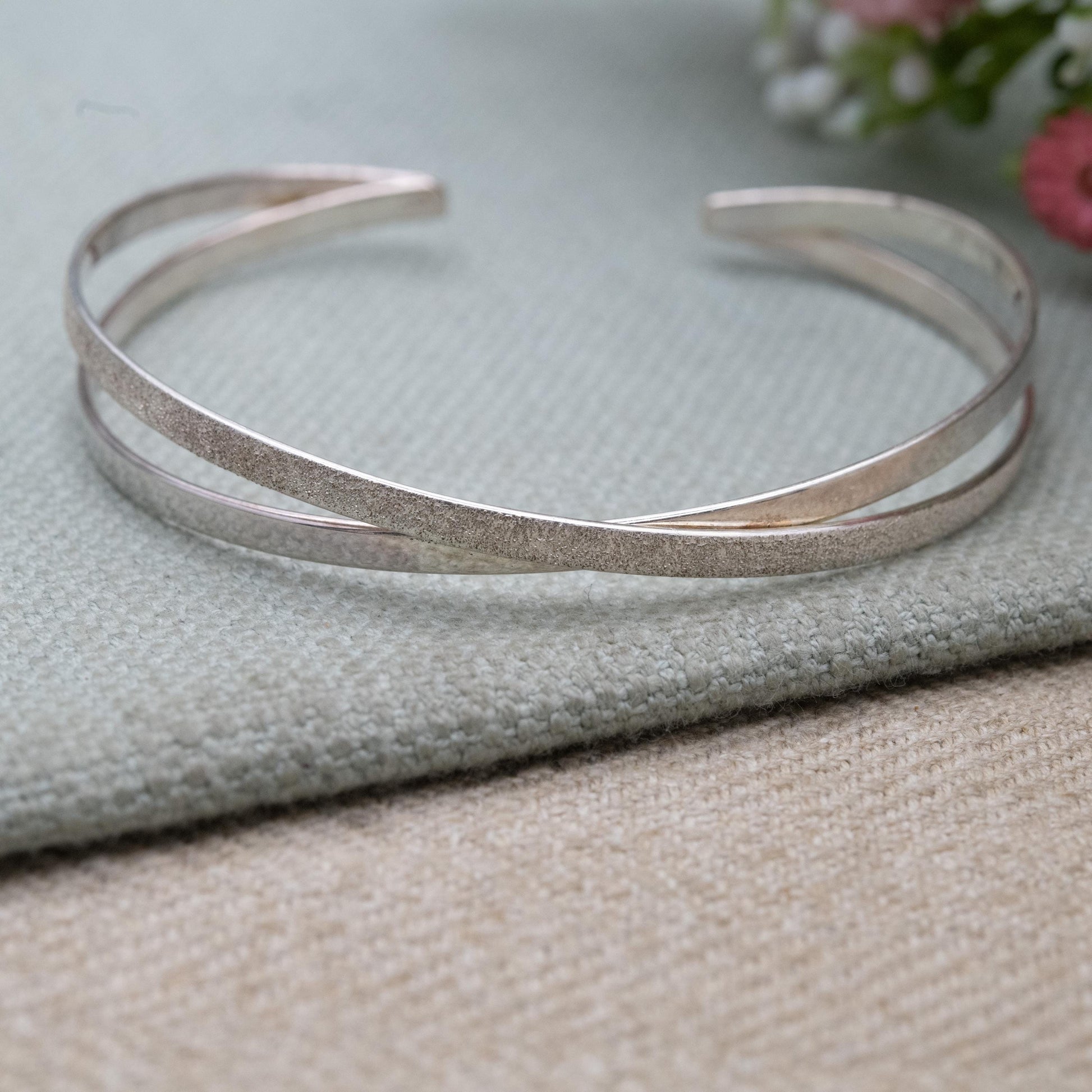 Sterling Silver Open Cuff Bangle - Textured Cross Design | Jewellery Gift for Her