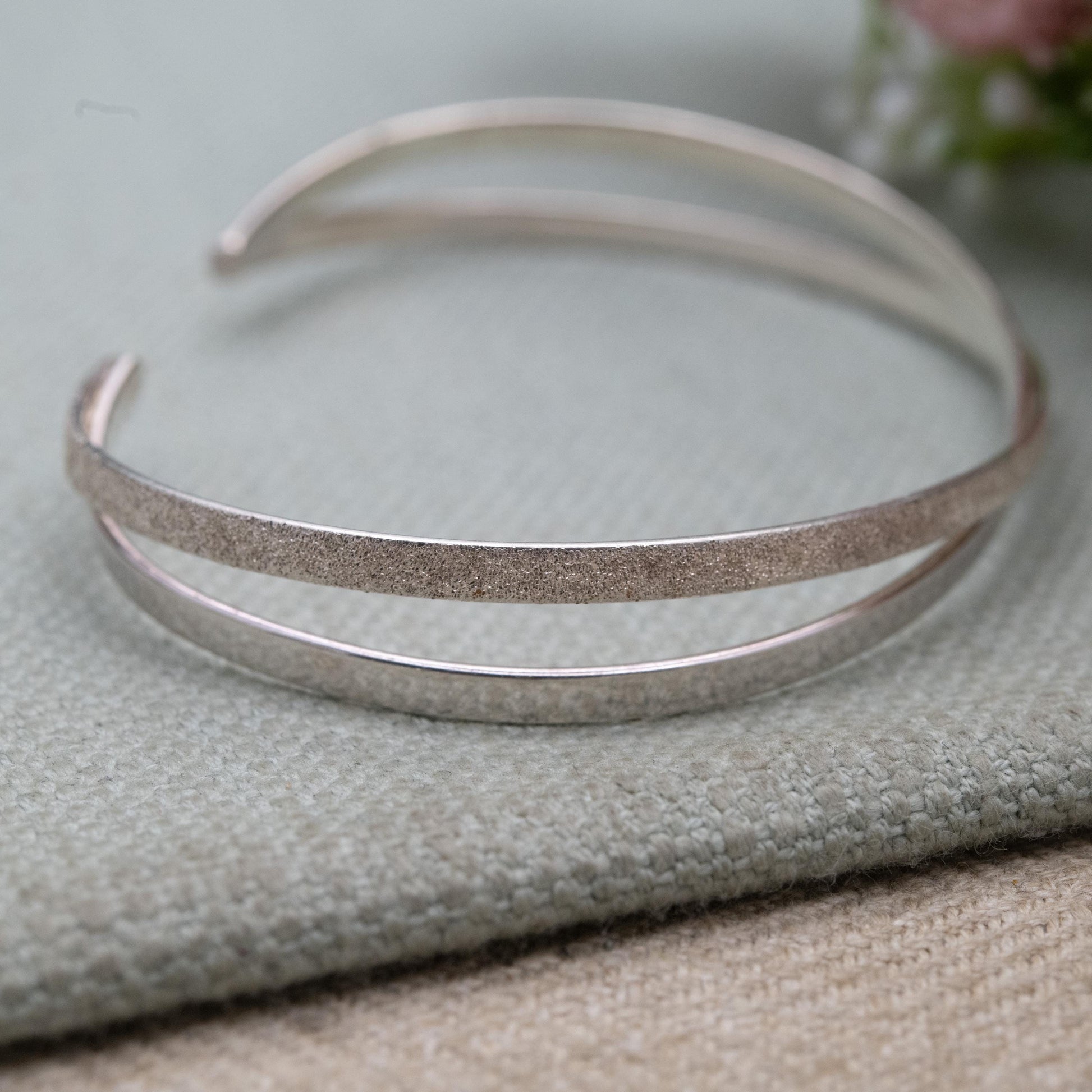 Sterling Silver Open Cuff Bangle - Textured Cross Design | Jewellery Gift for Her