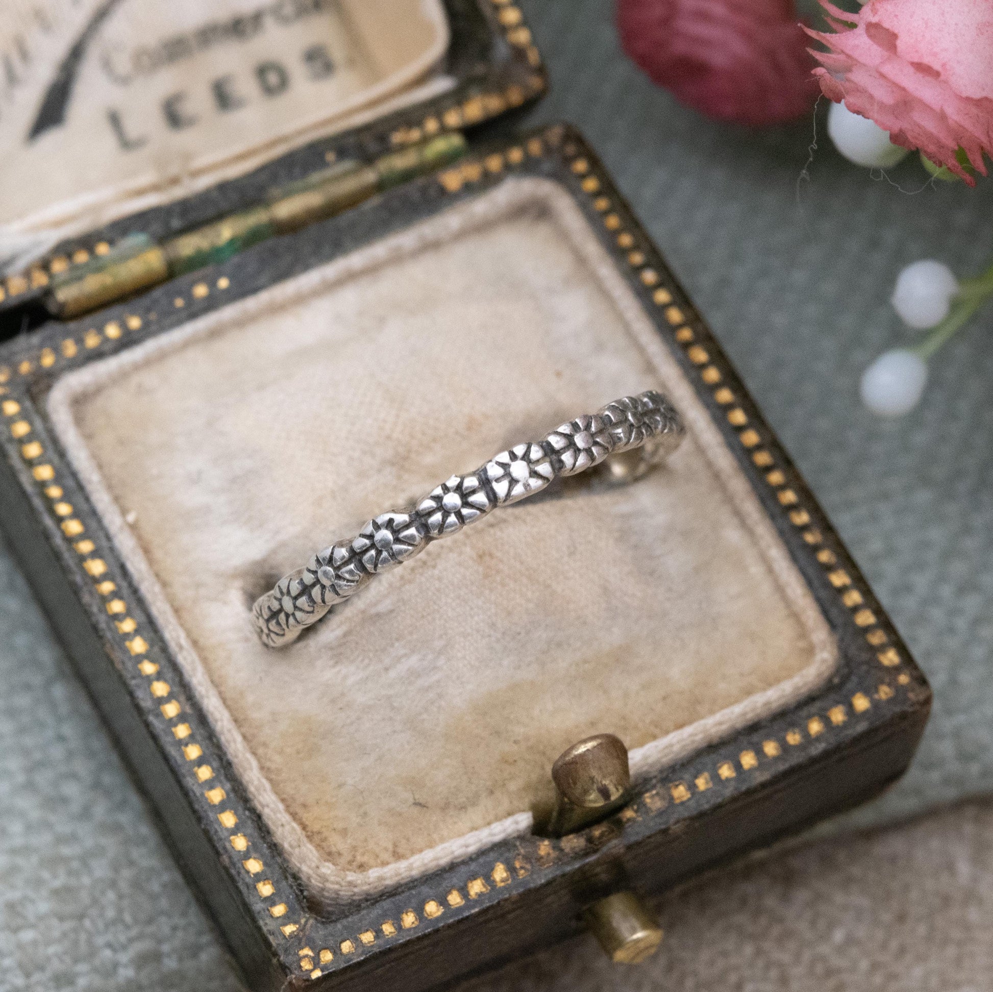 Sterling Silver Flower Band Ring - Floral Form Half Eternity | Everyday Silver | Unisex Jewellery | UK Size - P 1/2 | US Size - 7 3/4