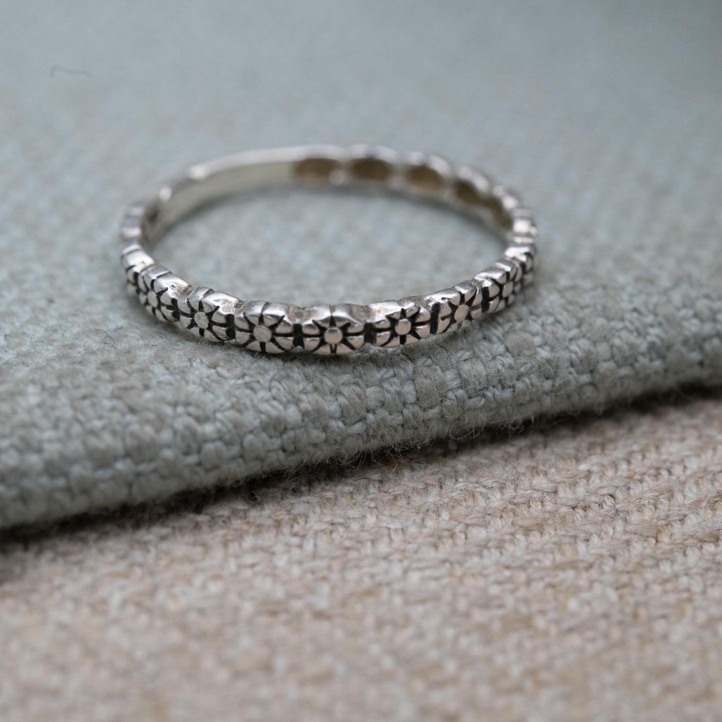 Sterling Silver Flower Band Ring - Floral Form Half Eternity | Everyday Silver | Unisex Jewellery | UK Size - P 1/2 | US Size - 7 3/4