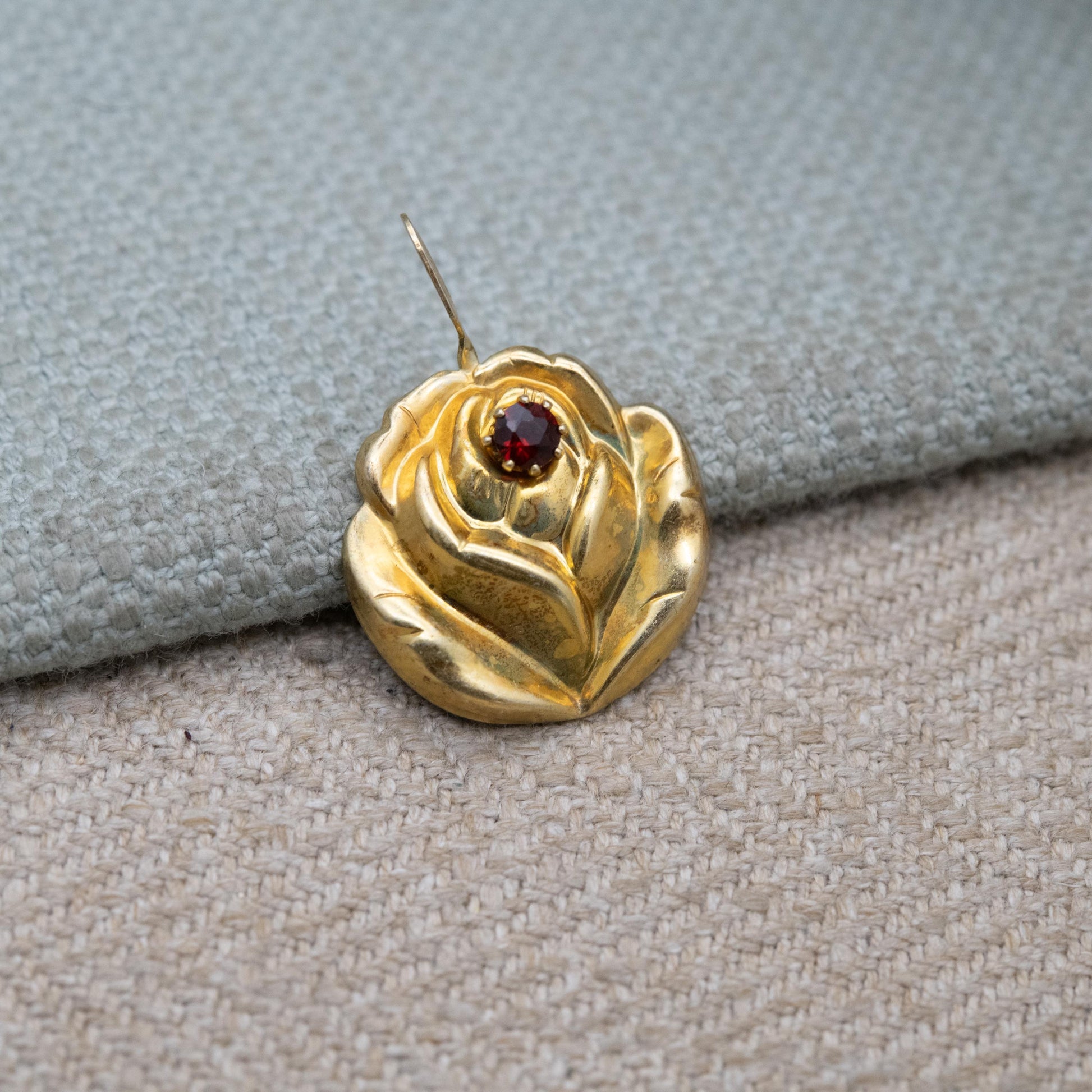 Vintage Sterling Silver Gold Plated Rose Flower Garnet Pendant - Pretty Textured Flower Jewellery | Gift for Pendant Necklace
