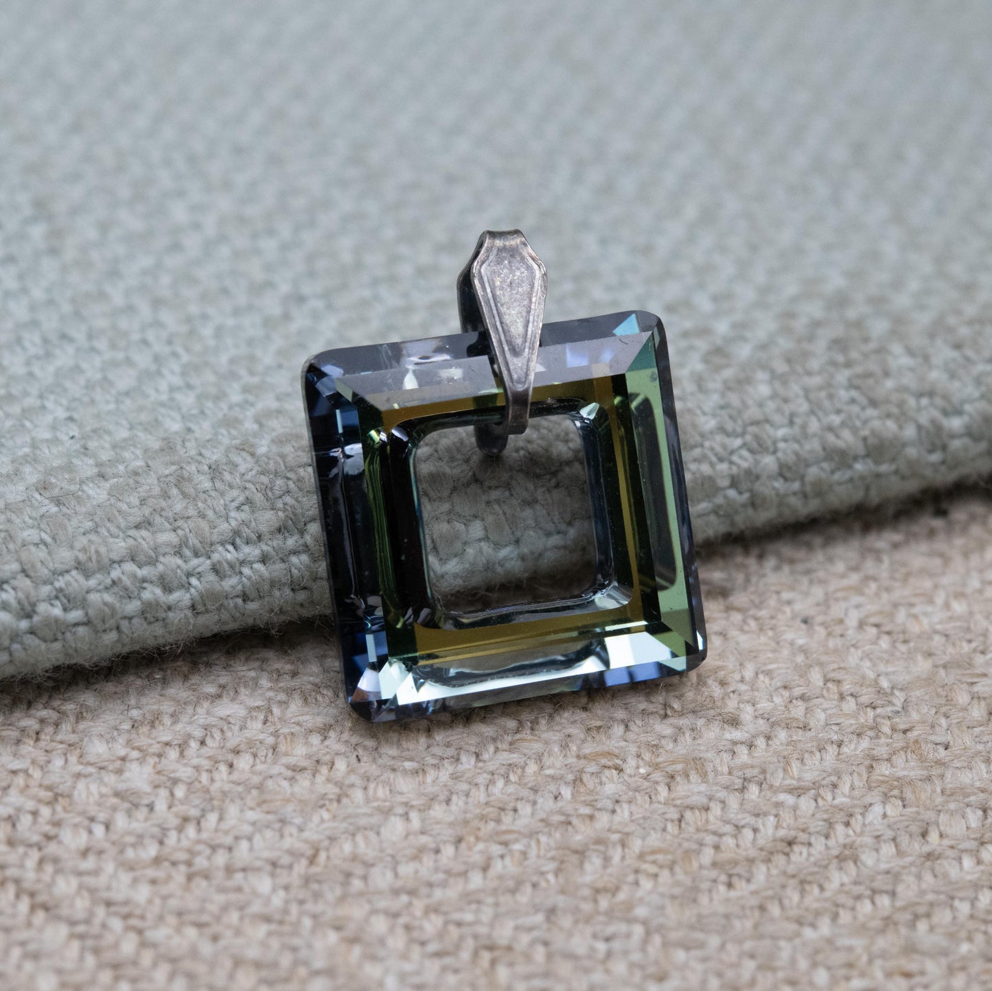 Vintage Sterling Silver Foiled Glass Open Square Pendant - Small Shape Minimalist Pendant for Necklace | Gift for Her