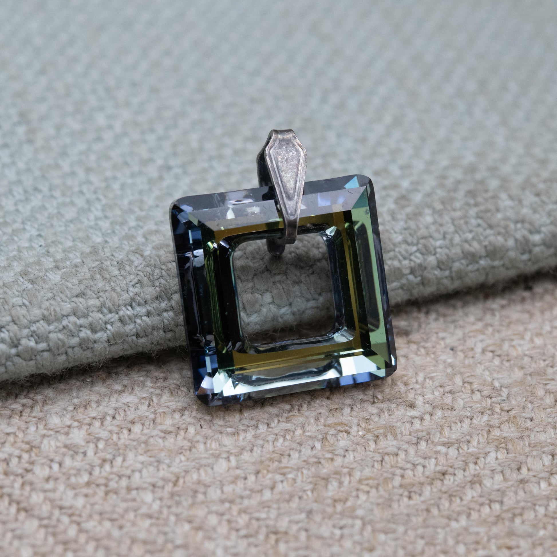 Vintage Sterling Silver Foiled Glass Open Square Pendant - Small Shape Minimalist Pendant for Necklace | Gift for Her
