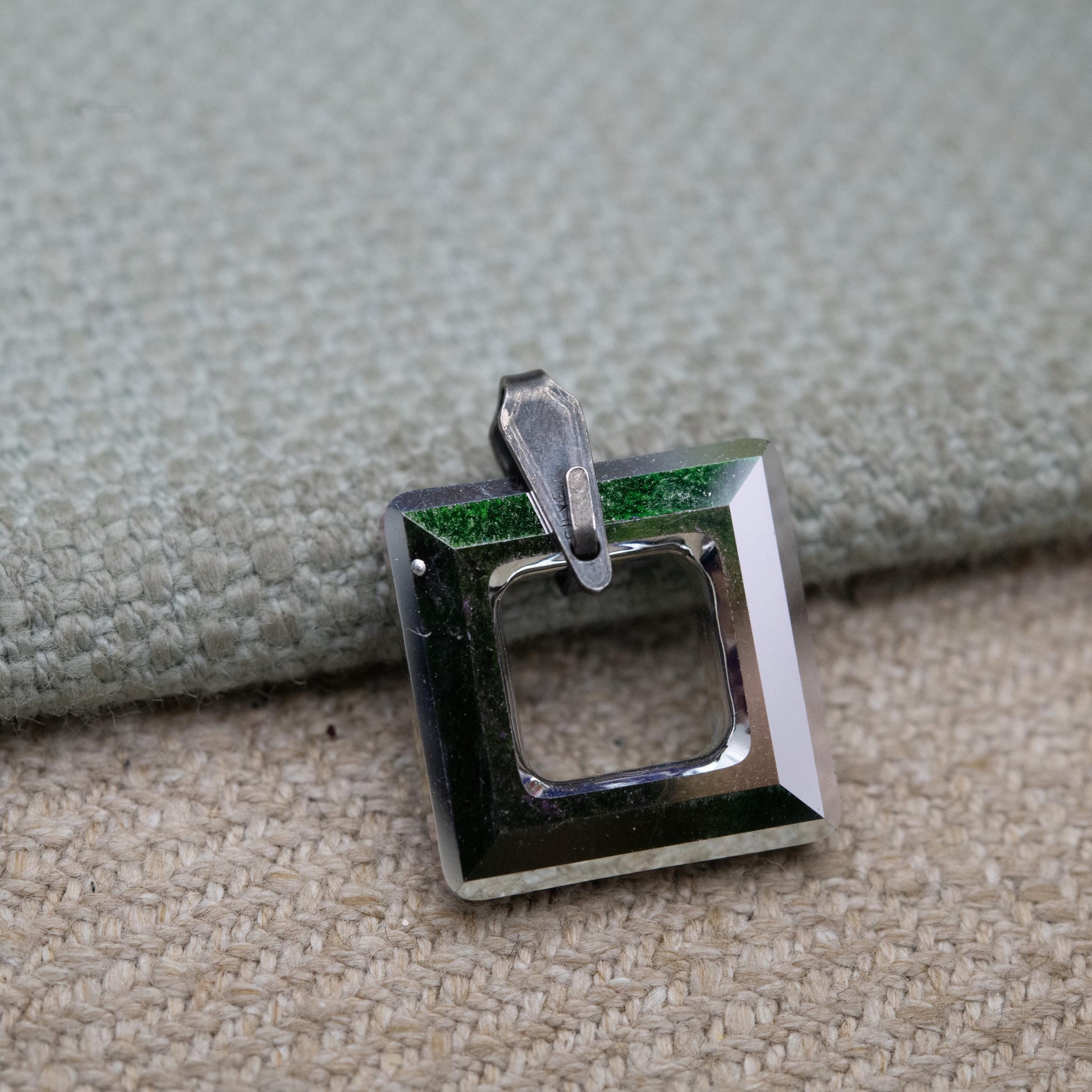 Vintage Sterling Silver Foiled Glass Open Square Pendant - Small Shape Minimalist Pendant for Necklace | Gift for Her