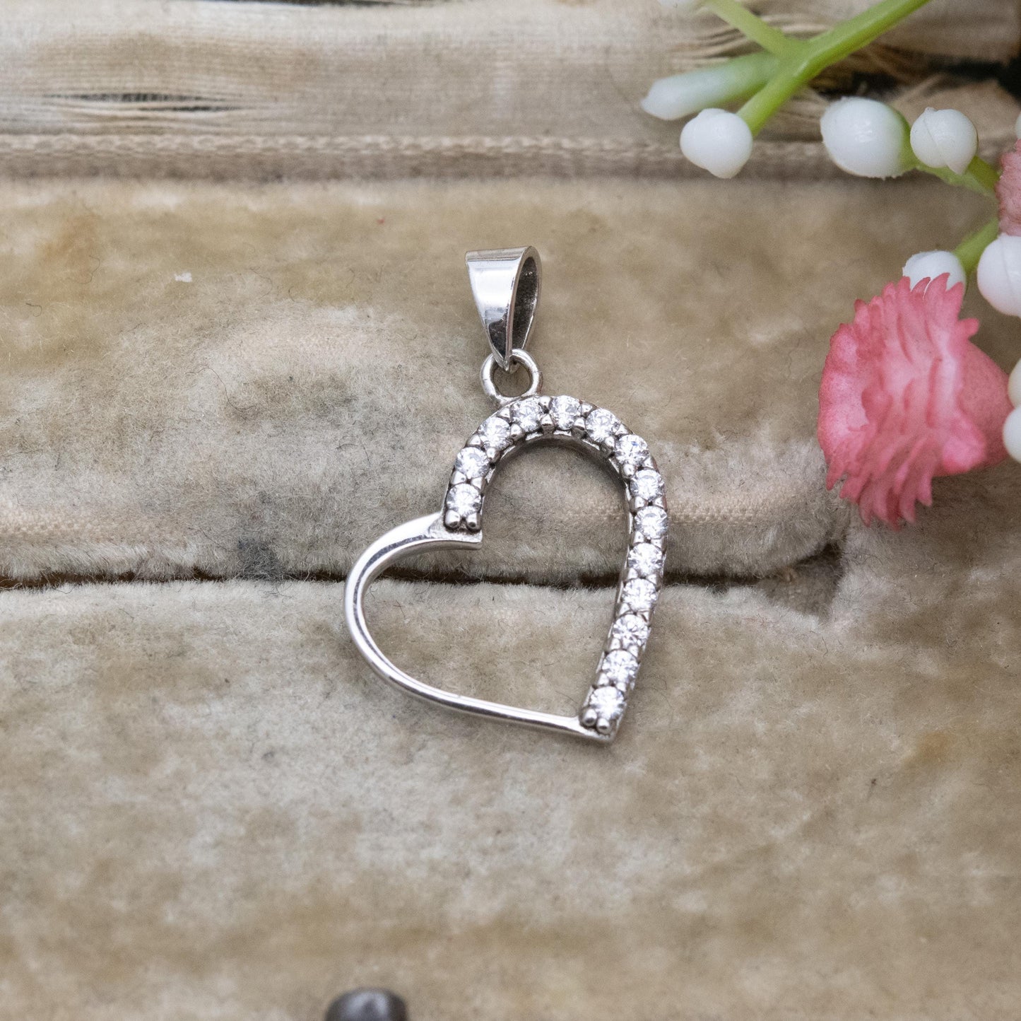Sterling Silver CZ Love Heart Pendant - Clear Stone pendant for Necklace Stack | Romantic Gift for Her