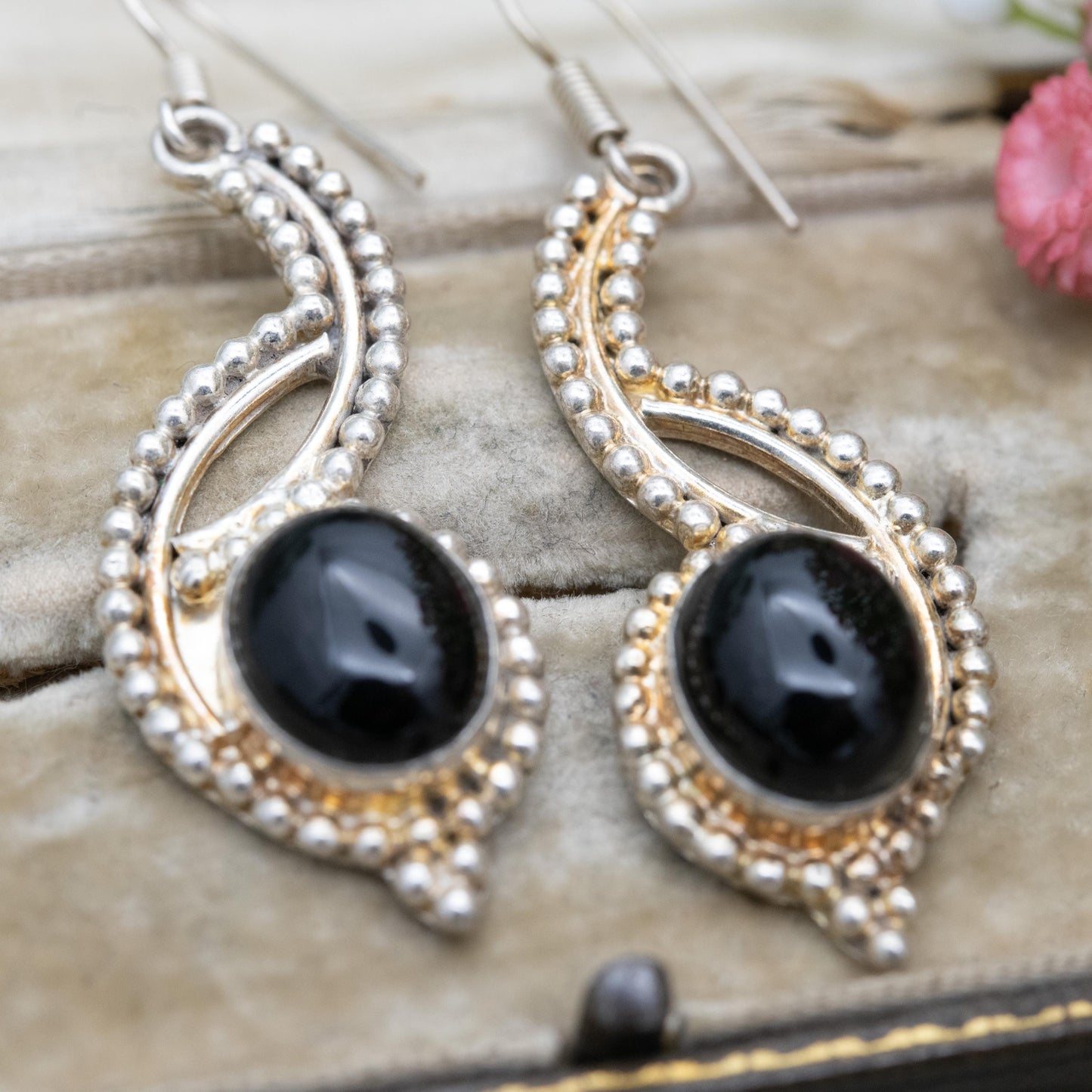 Vintage Sterling Silver Onyx Dangle Earrings - Beaded Circles Design | Black Cabochon Gemstones | Gift for Her