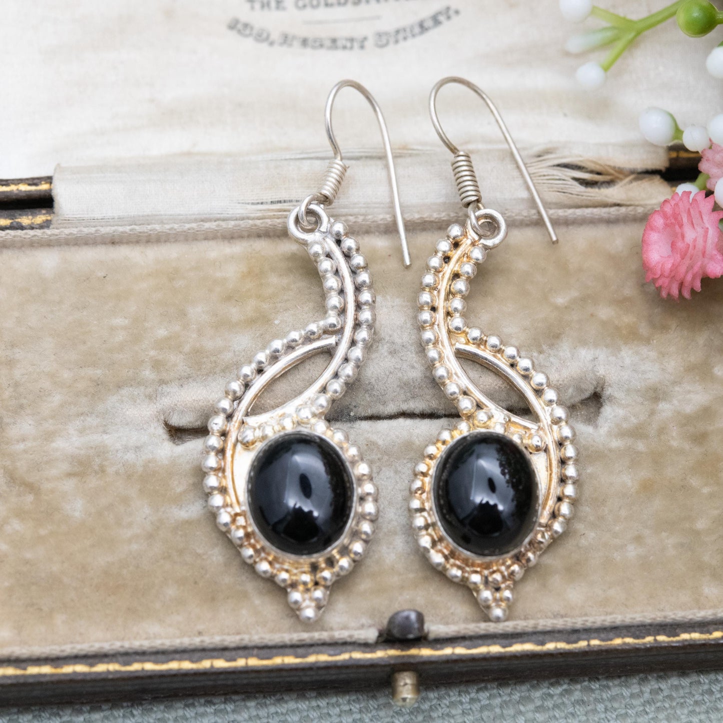 Vintage Sterling Silver Onyx Dangle Earrings - Beaded Circles Design | Black Cabochon Gemstones | Gift for Her
